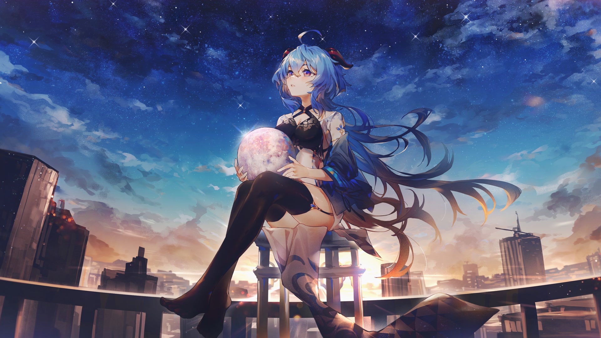 蓝发少女抱月