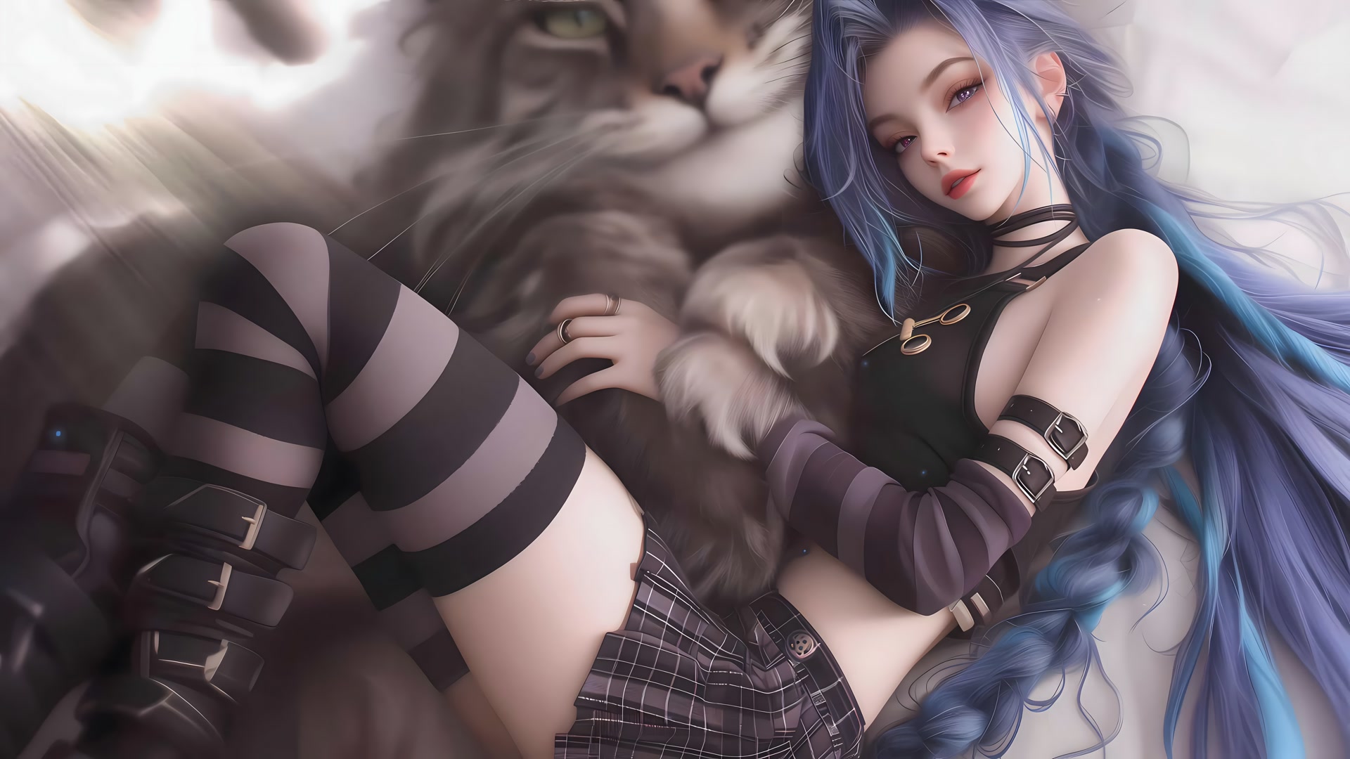 蓝发少女拥猫