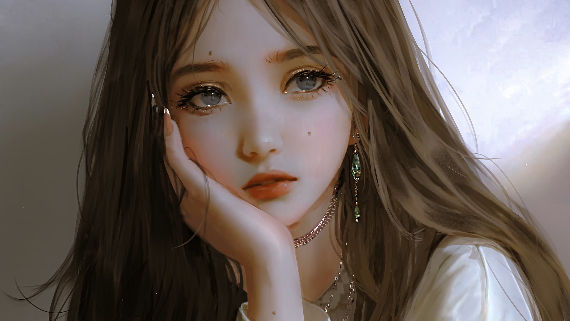 蓝眸托腮少女