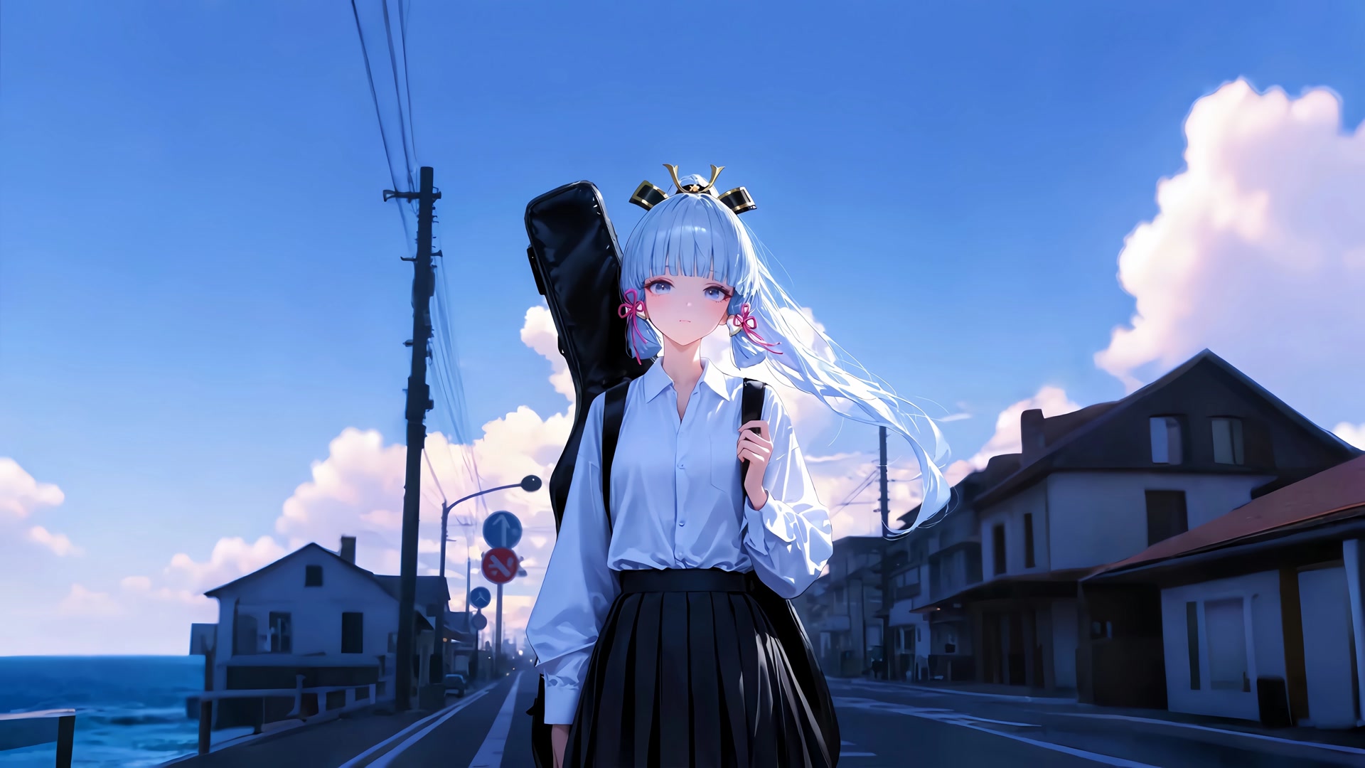 银发少女背琴