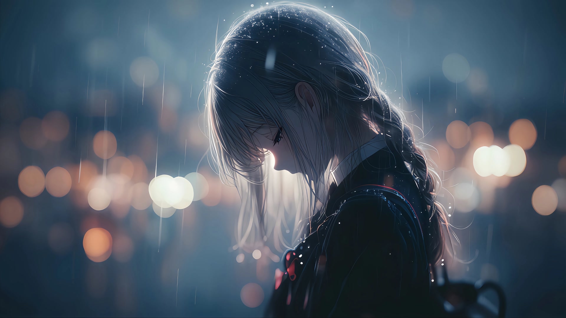 雨中低首少女