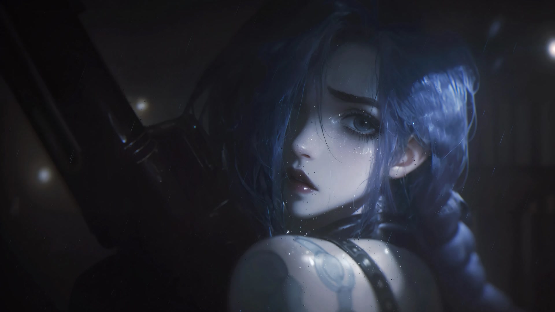 雨中蓝发少女