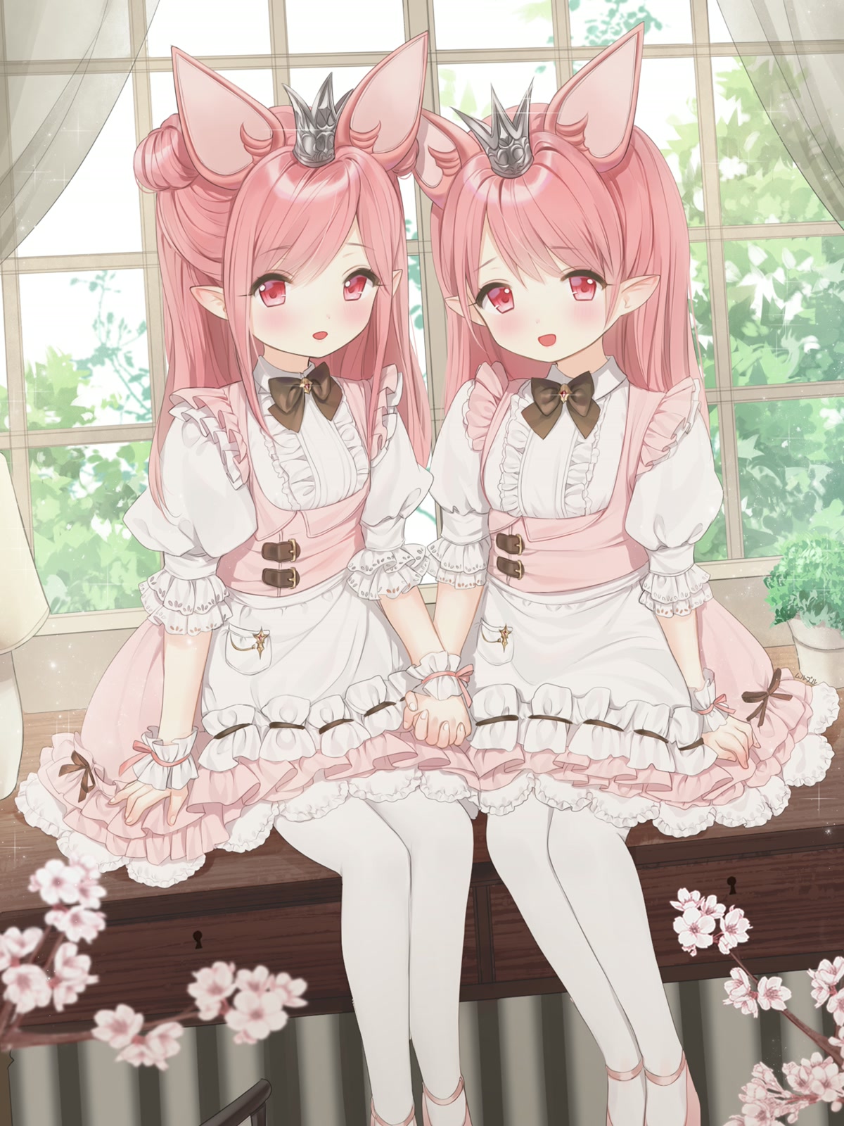 双粉发窗边坐