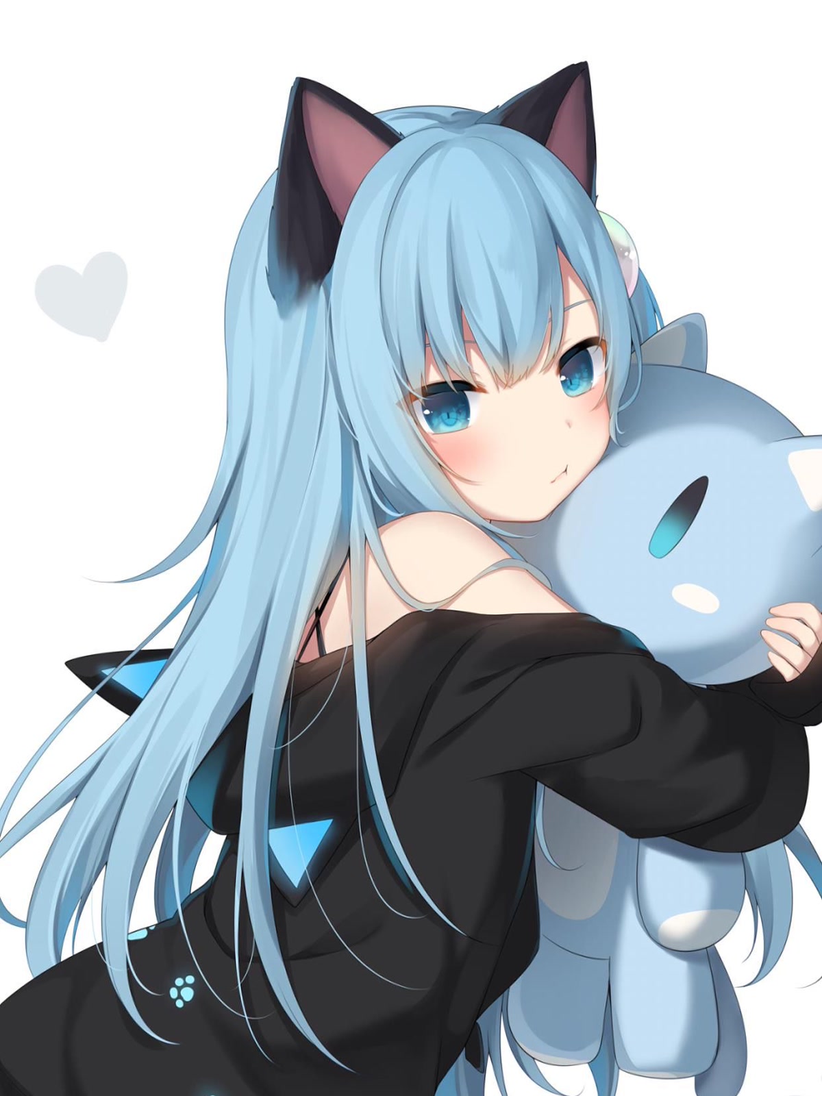 蓝发少女抱猫