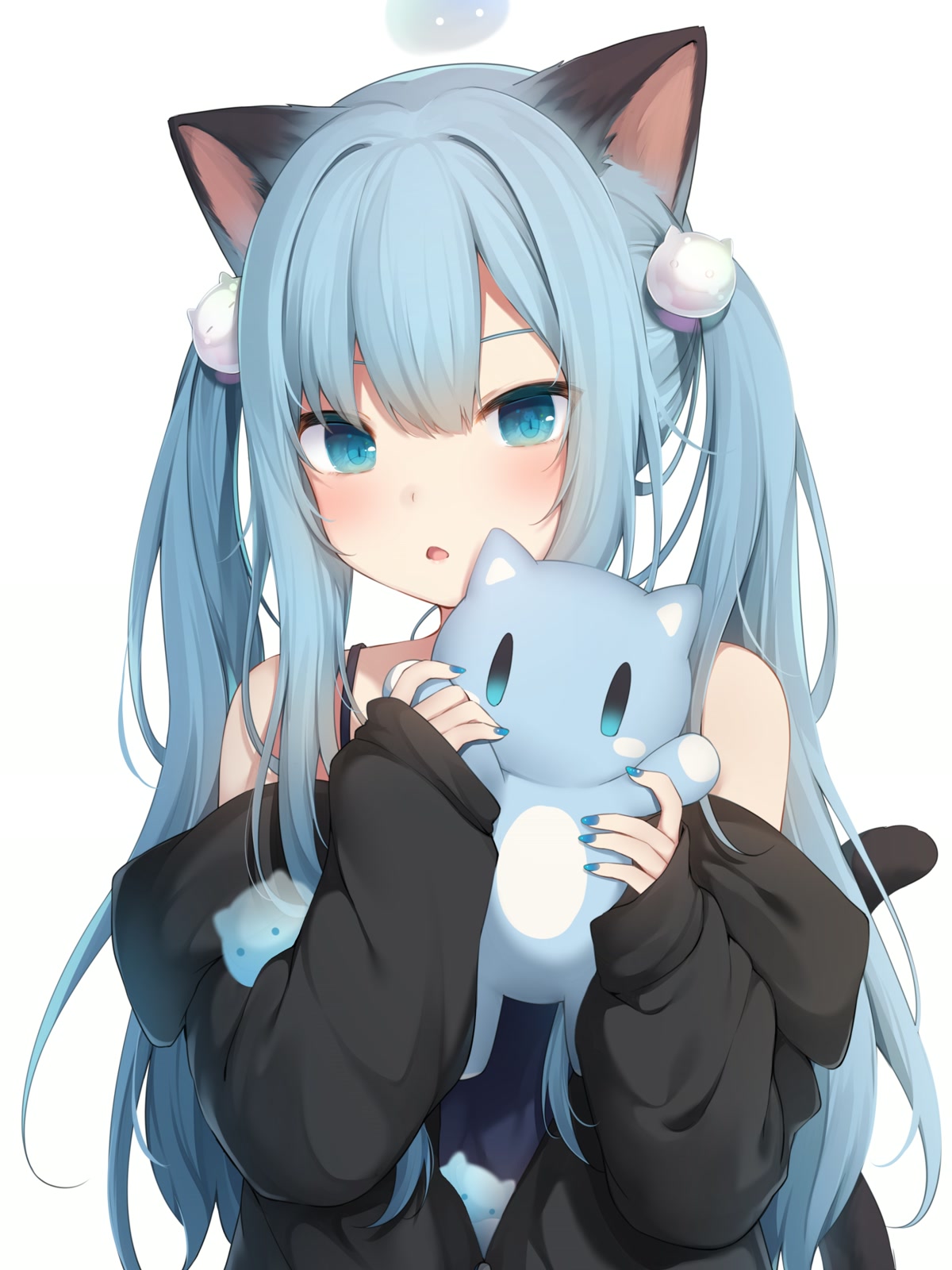 蓝发猫耳少女抱猫