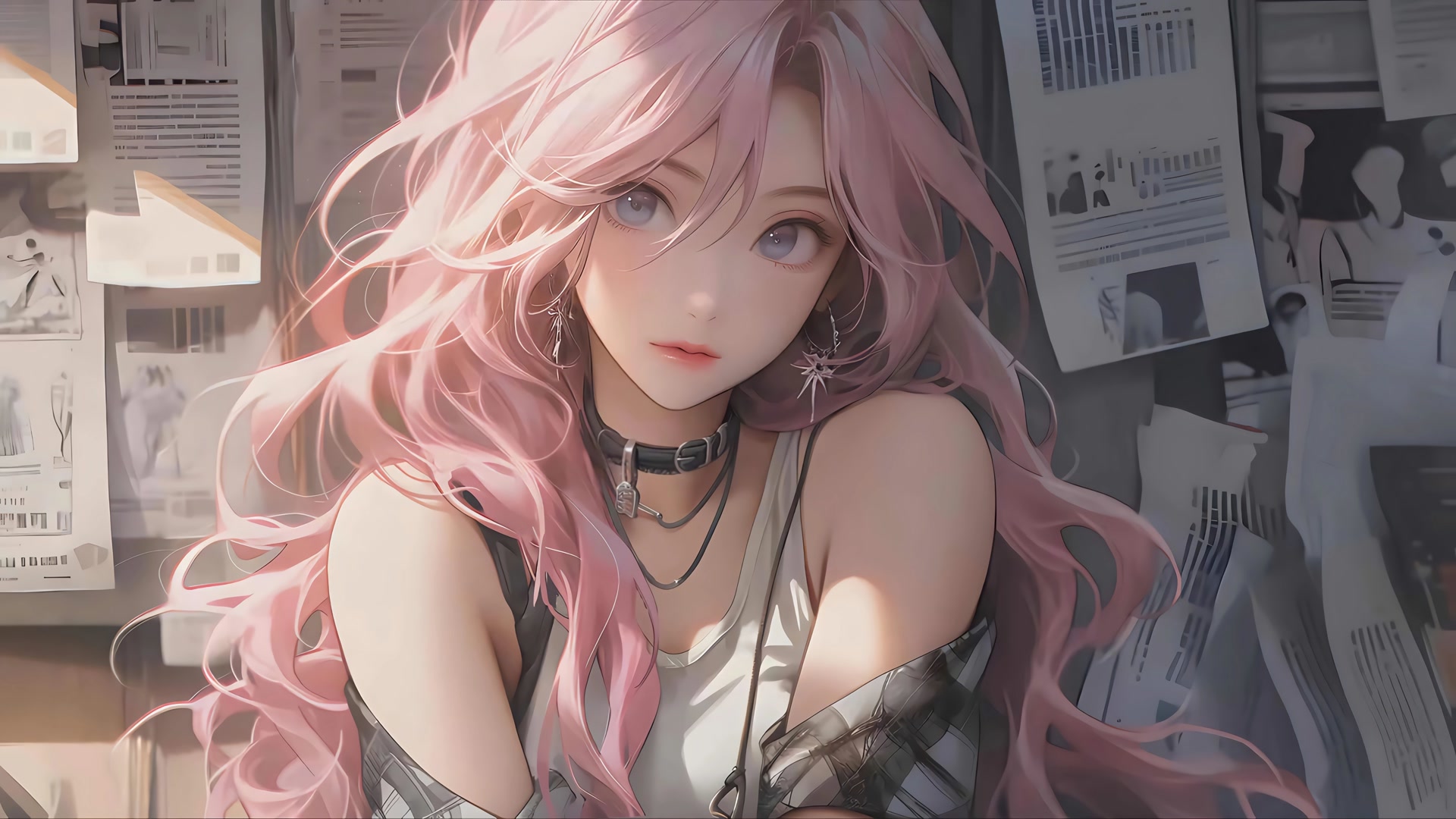 粉发少女凝视