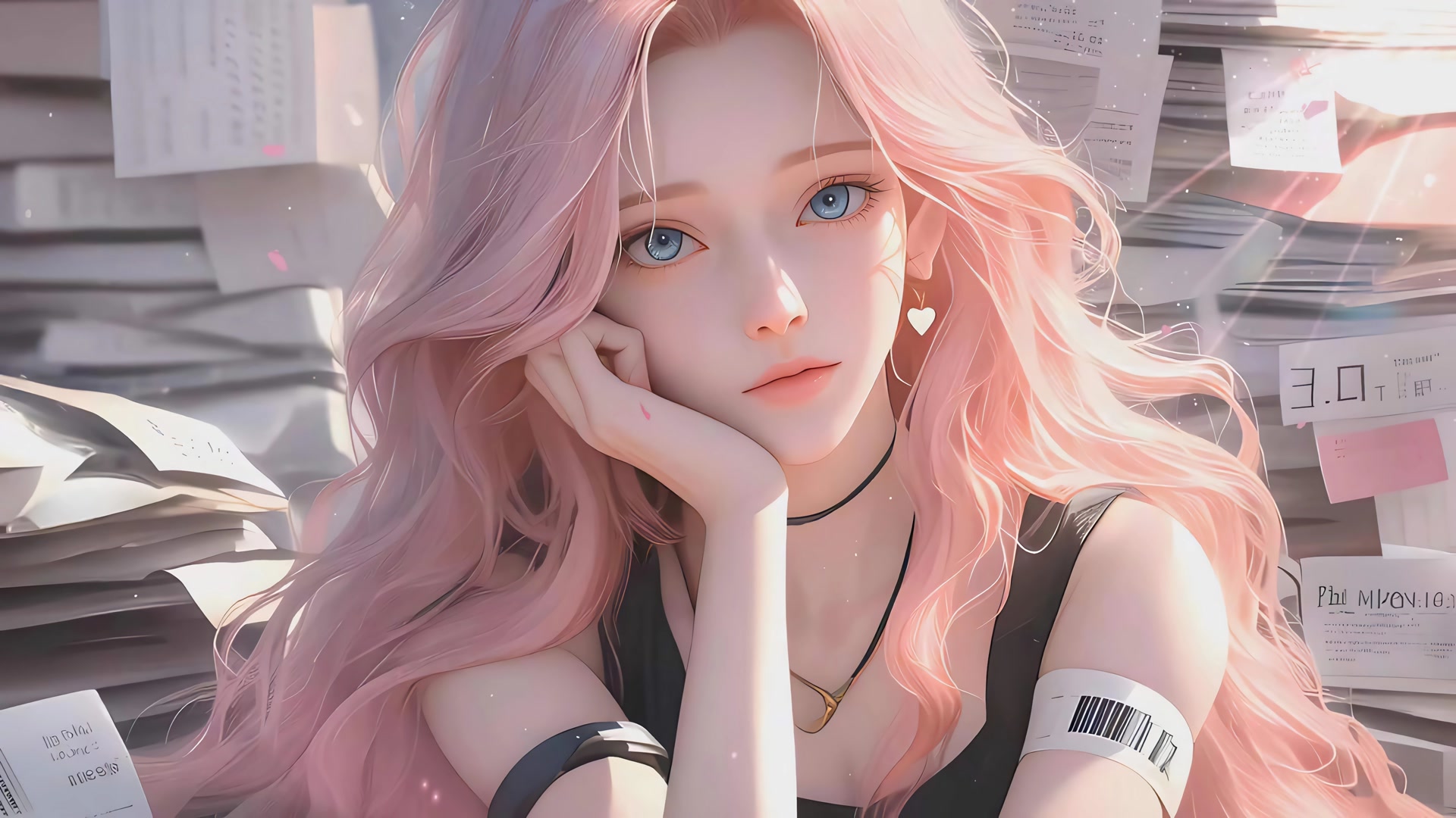 粉发少女托腮