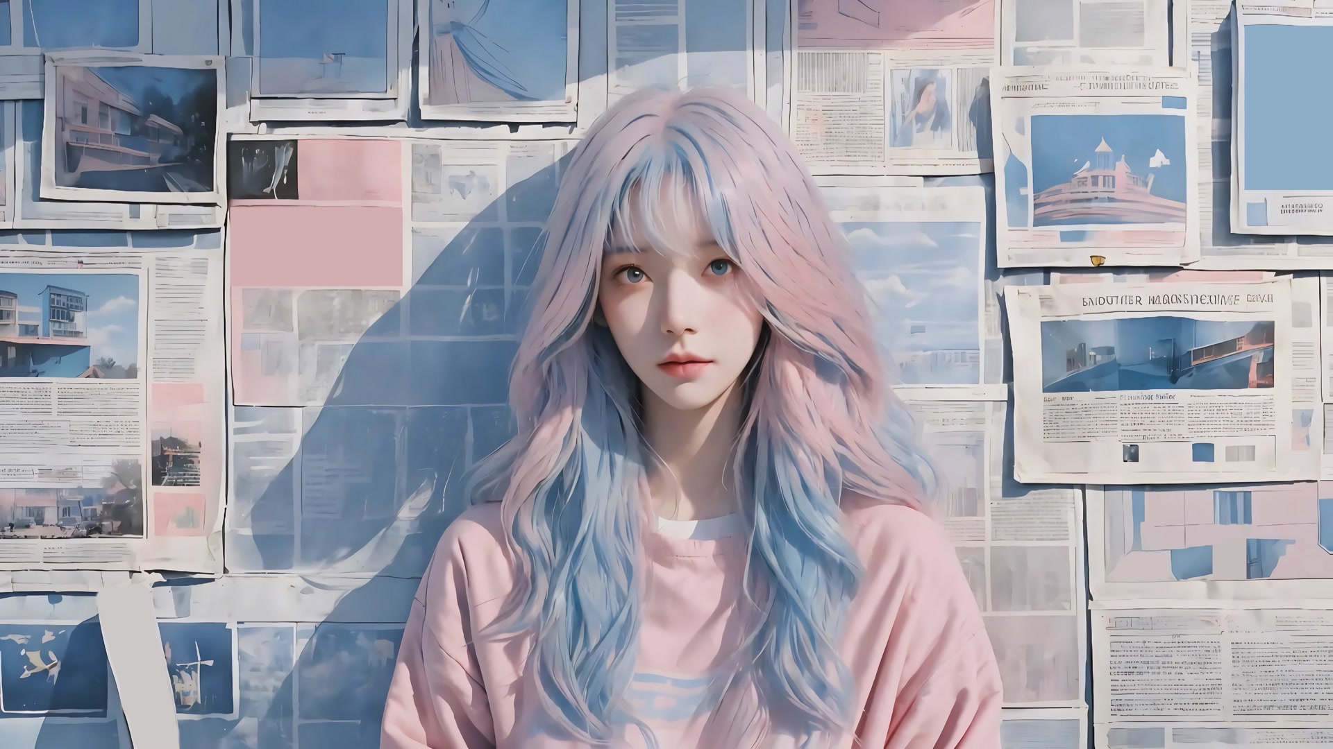 粉蓝少女看镜头