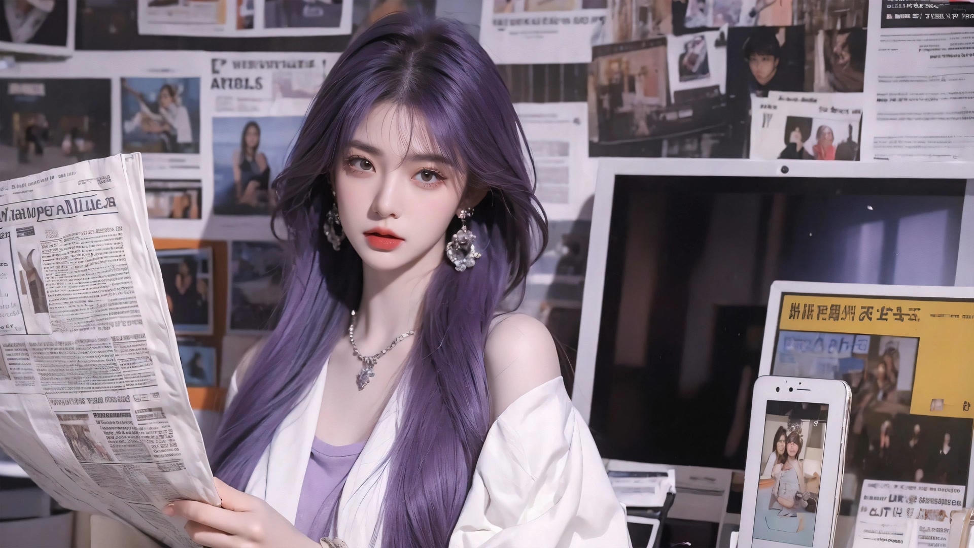 紫发少女读报