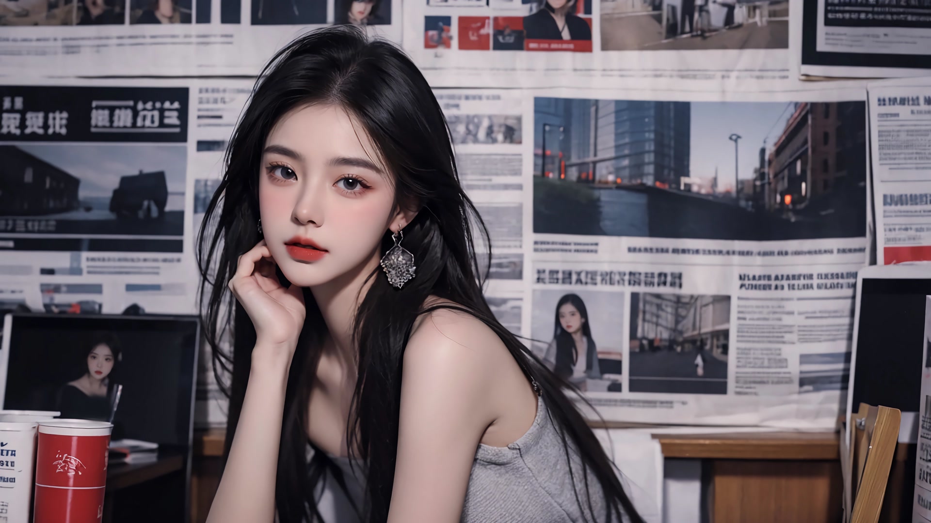 红唇少女倚墙
