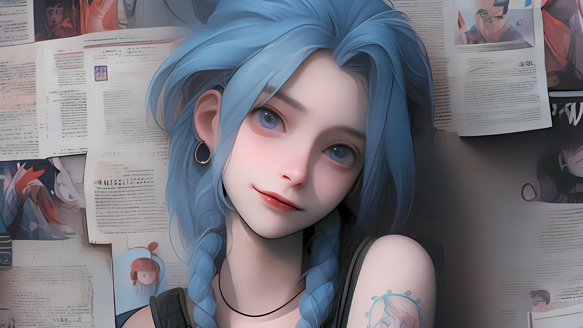 蓝发少女微笑