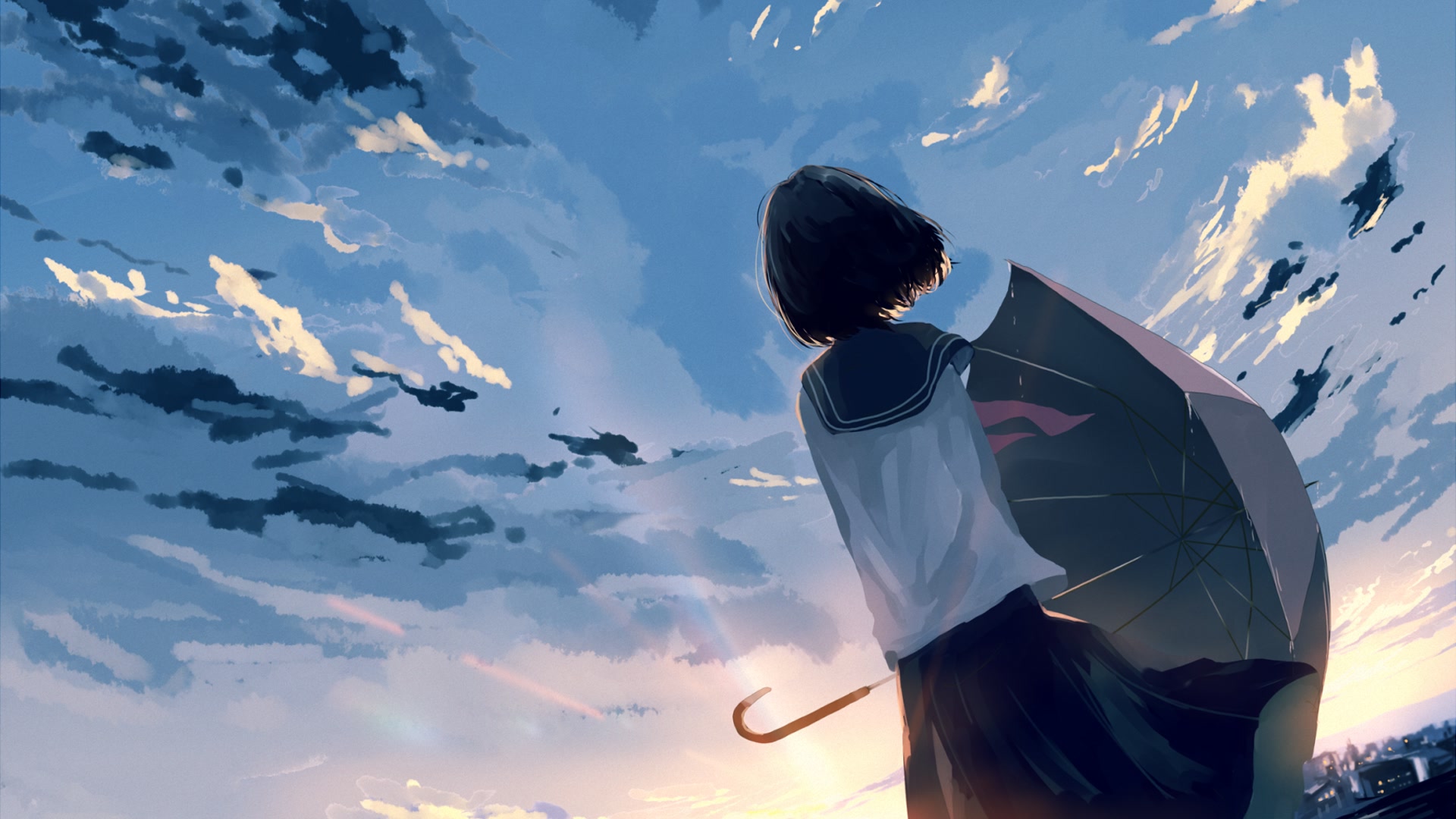 伞下少女看云