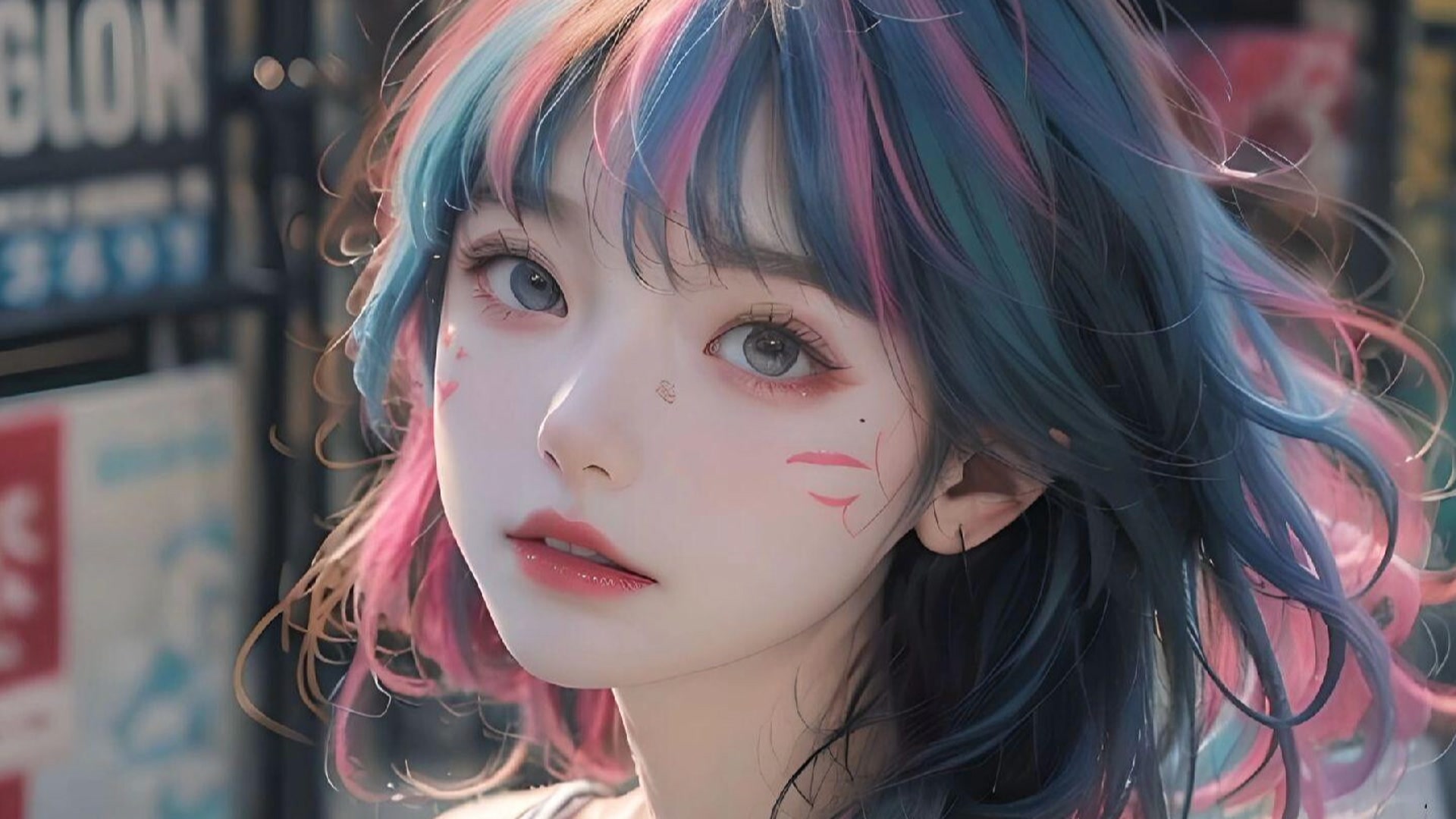 多彩少女凝视