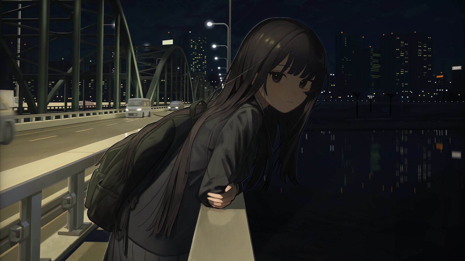 夜桥独倚少女