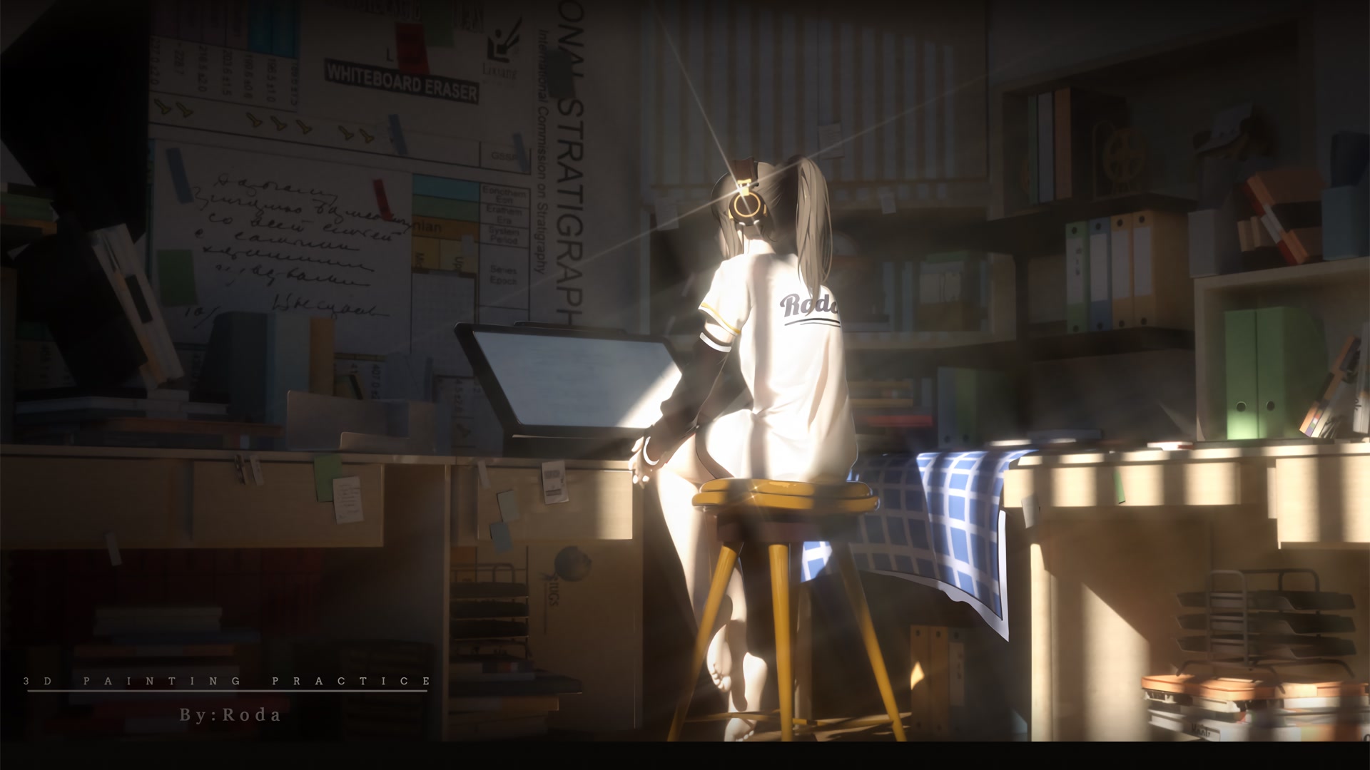 少女书架前静坐