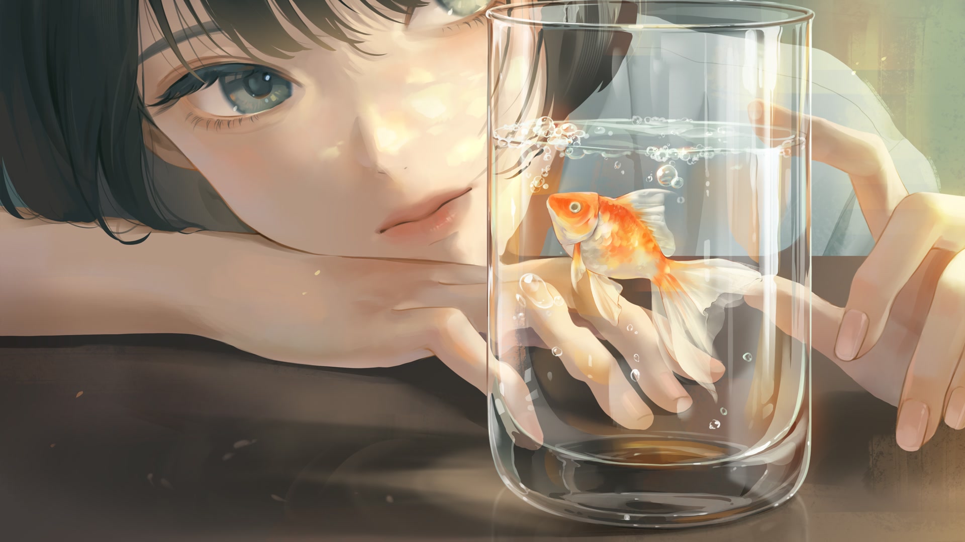 少女凝视金鱼