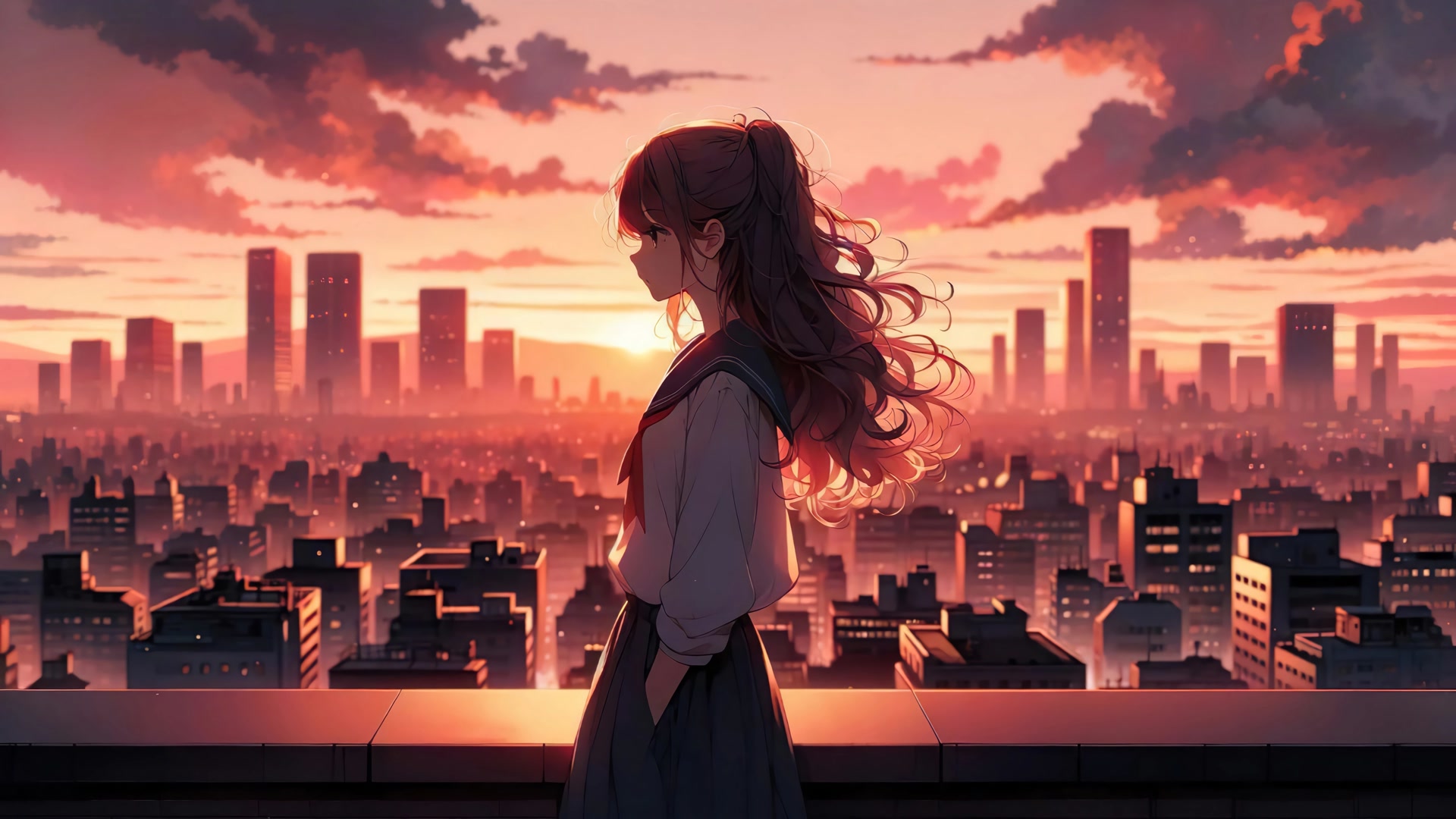 少女眺望夕阳