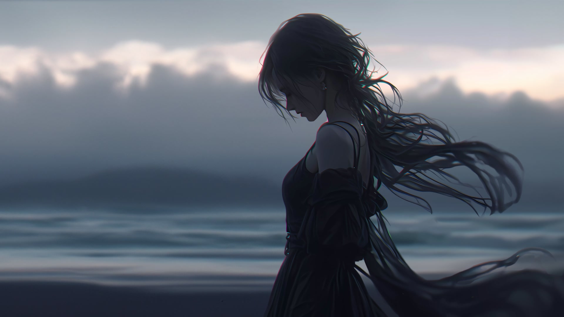海边少女背影