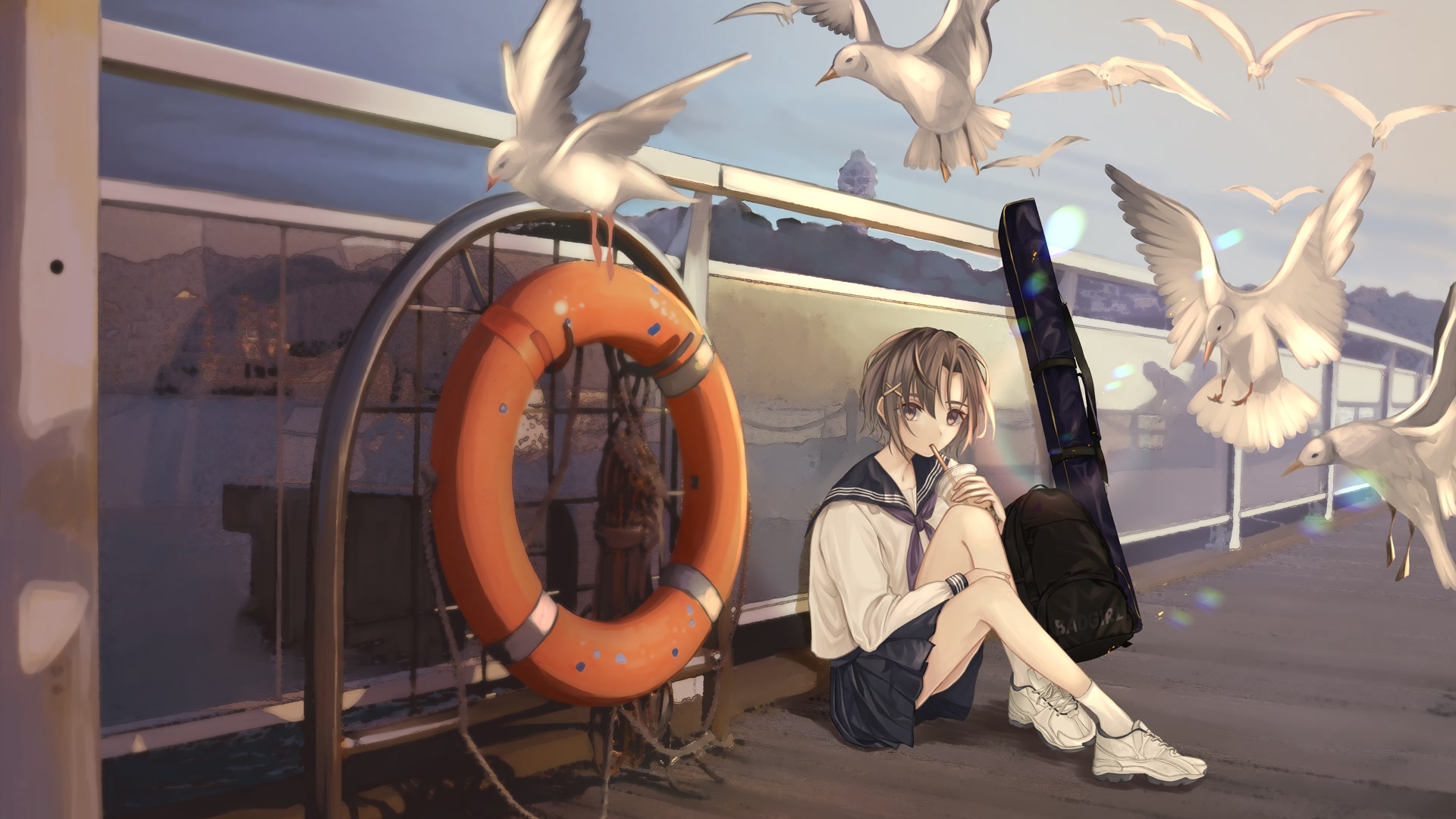 海鸥环绕少女