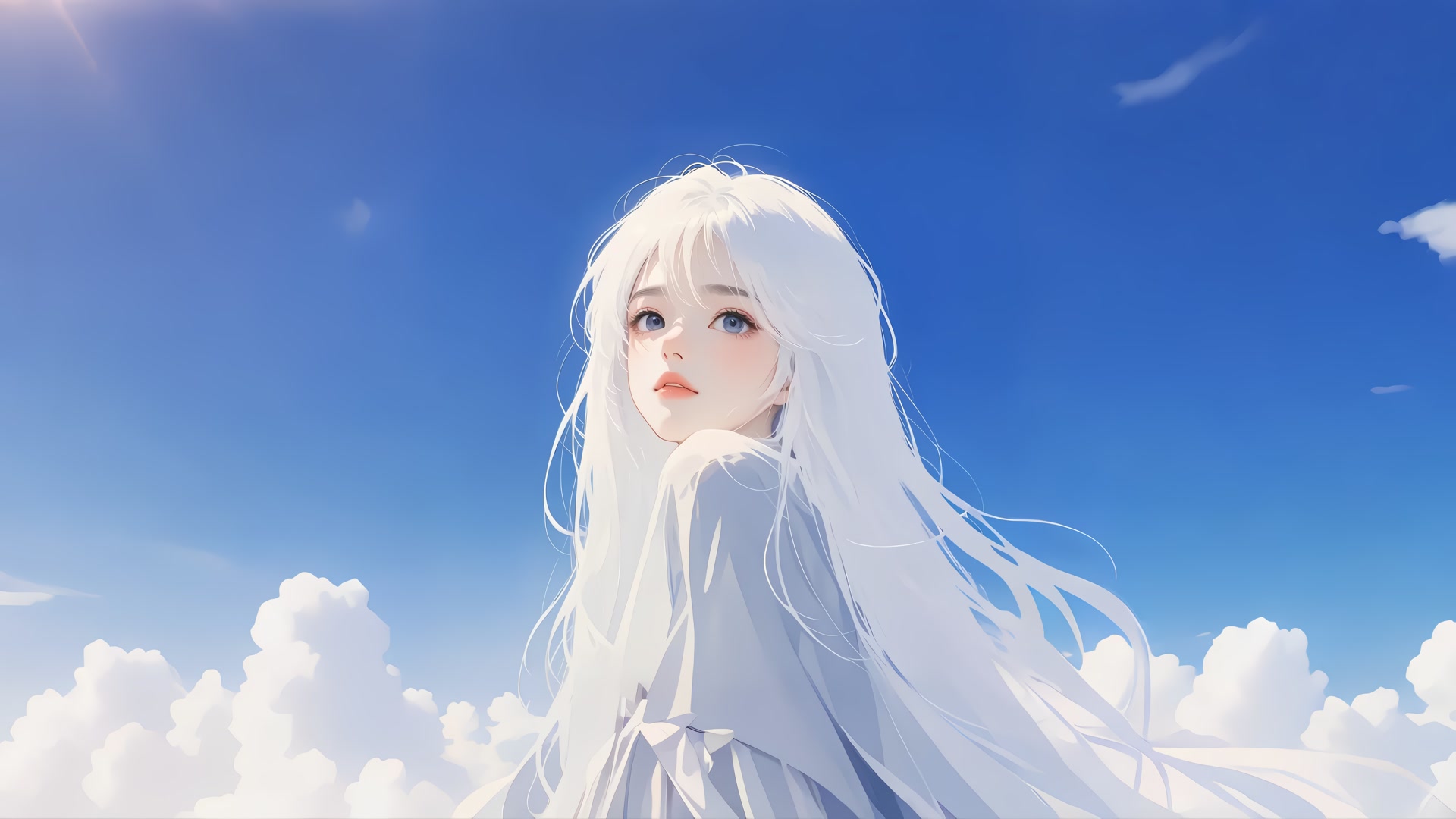 白纱少女看云