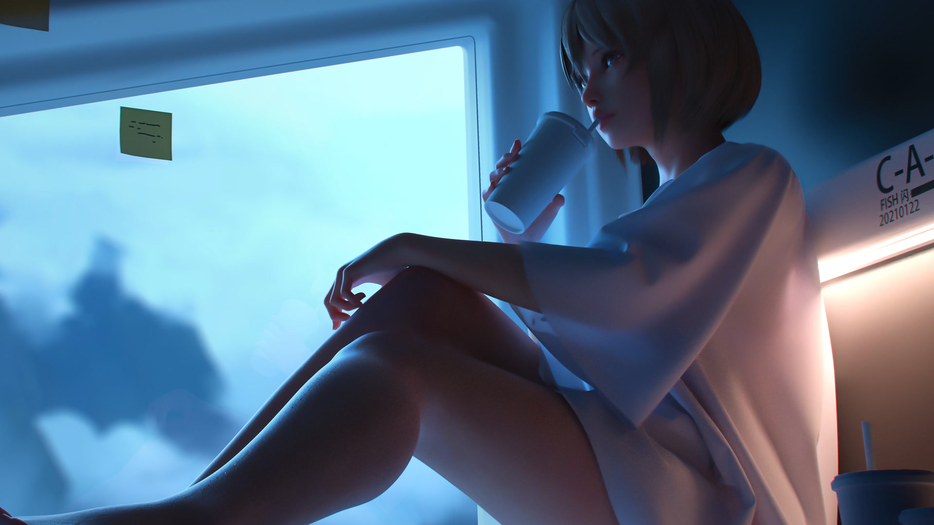 窗边少女独坐