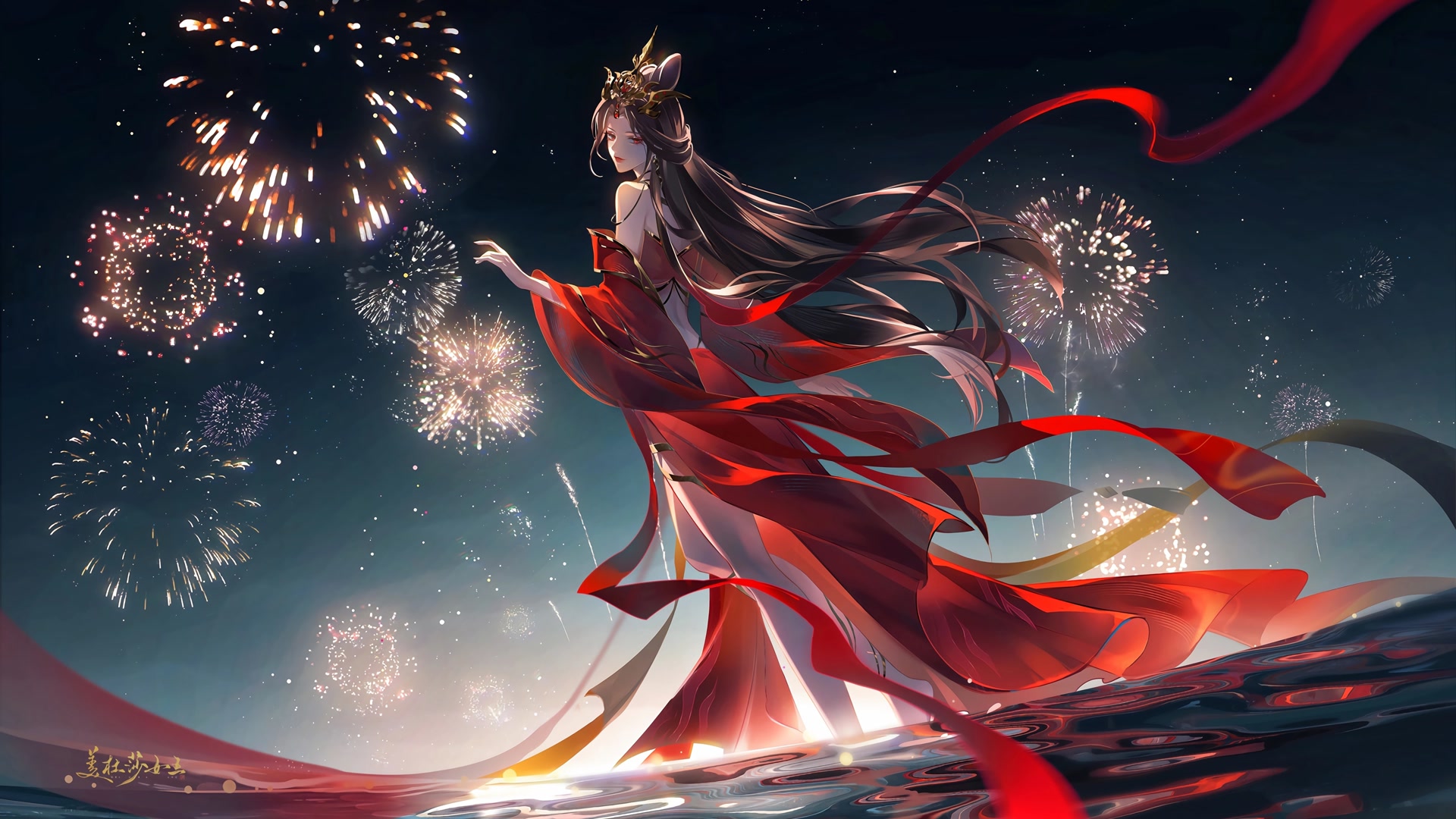 红衣少女看烟花