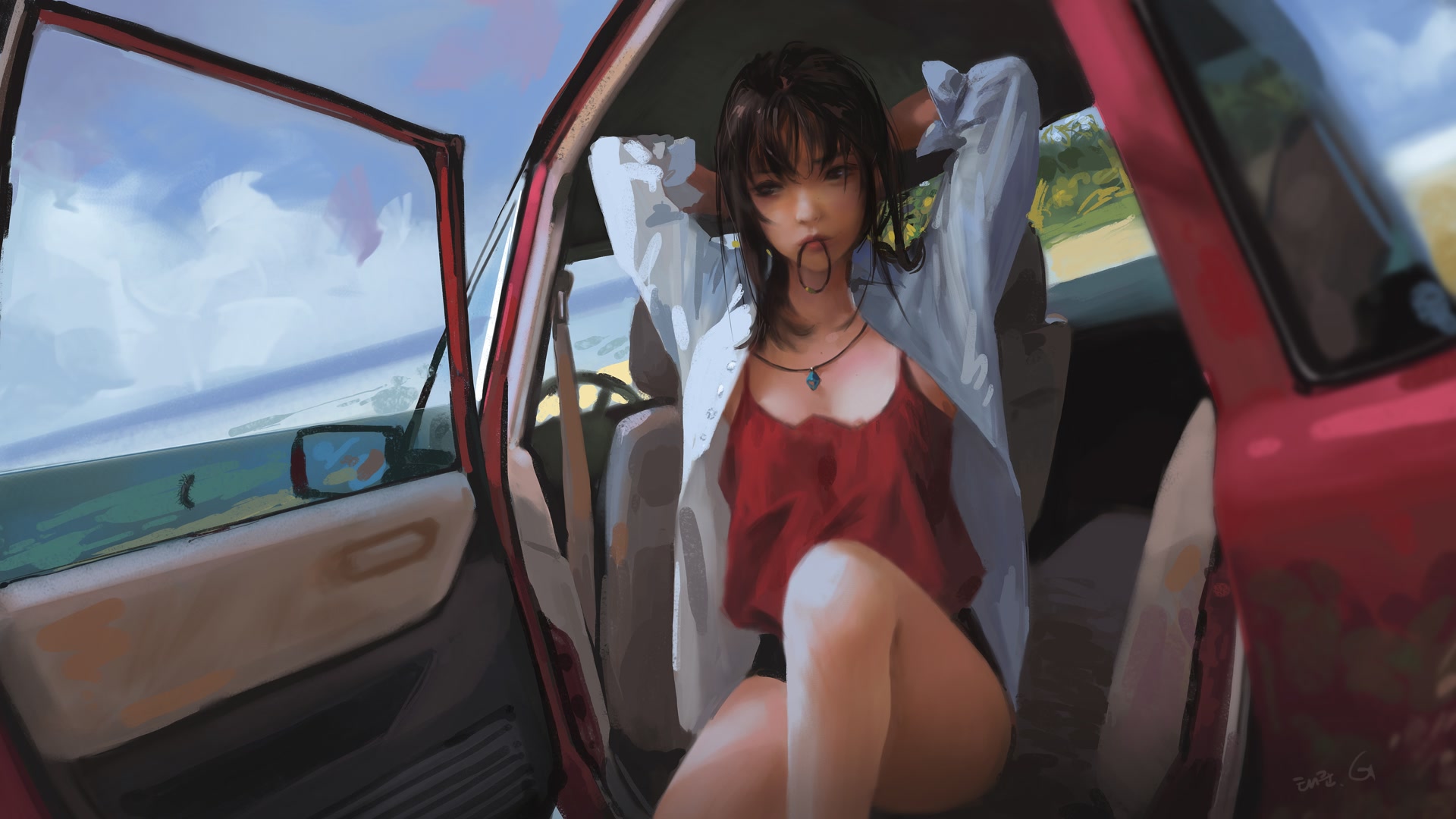 红车少女坐车内