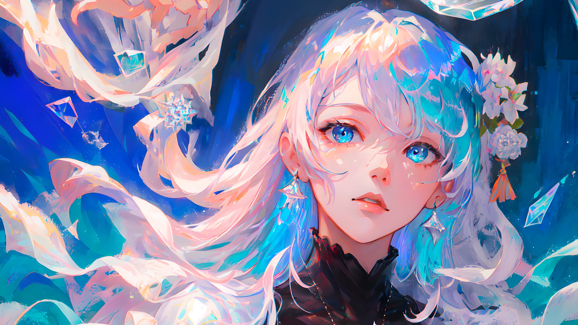 蓝发少女花饰