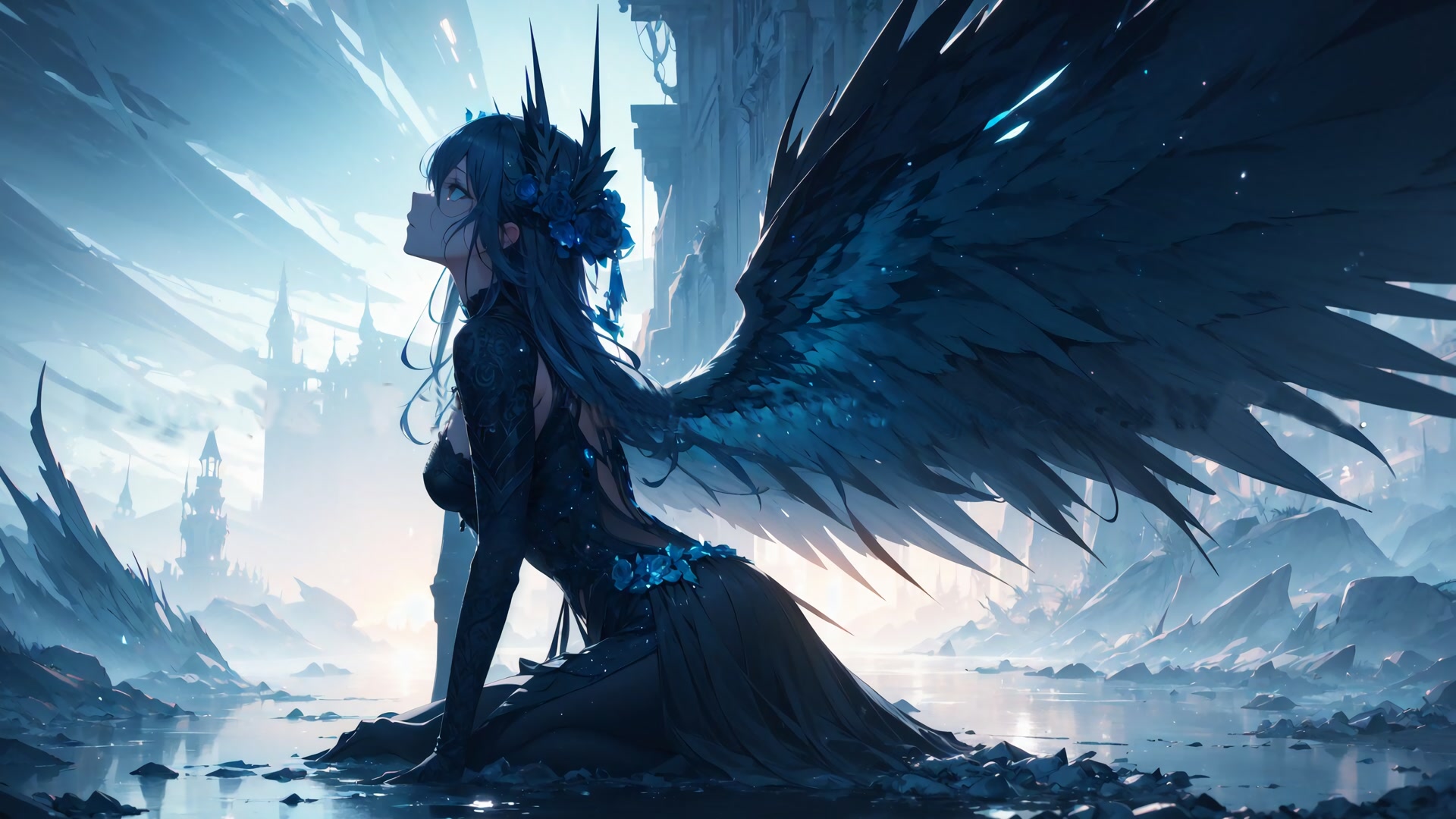 蓝翼少女凝望
