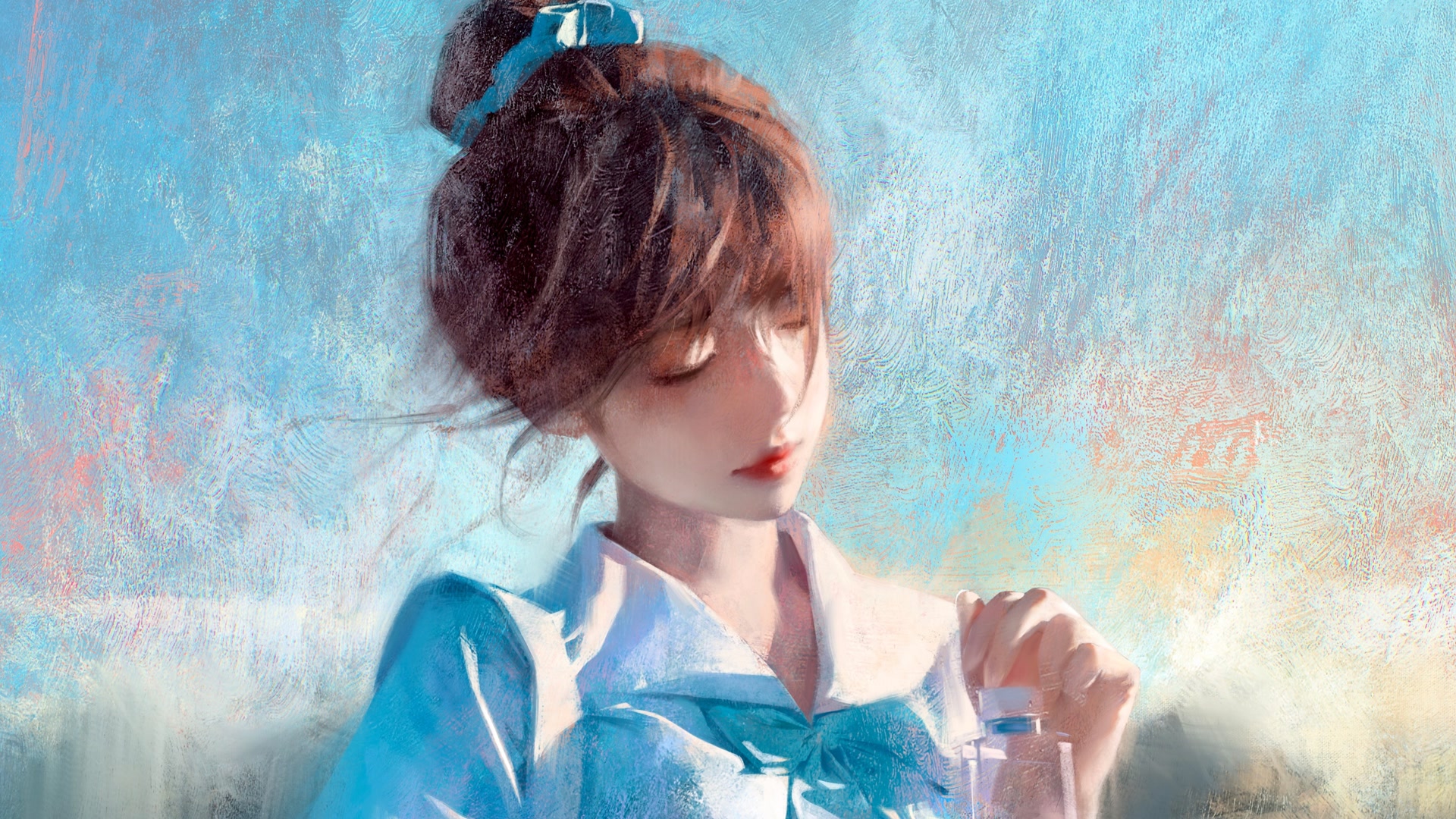 蓝衣少女持瓶
