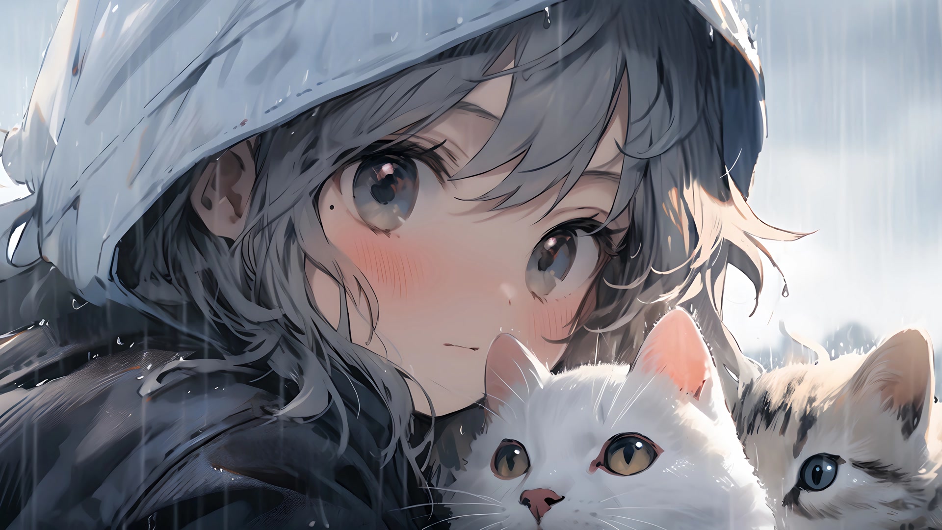 雨中少女抱猫