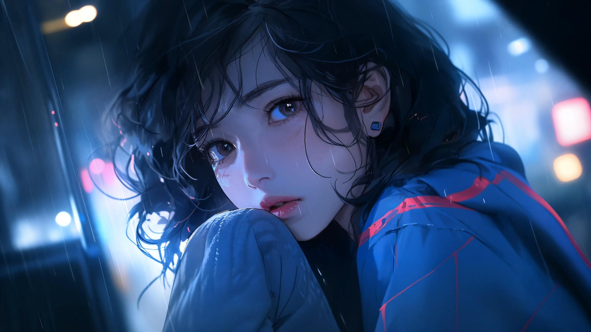 雨夜蓝衣少女