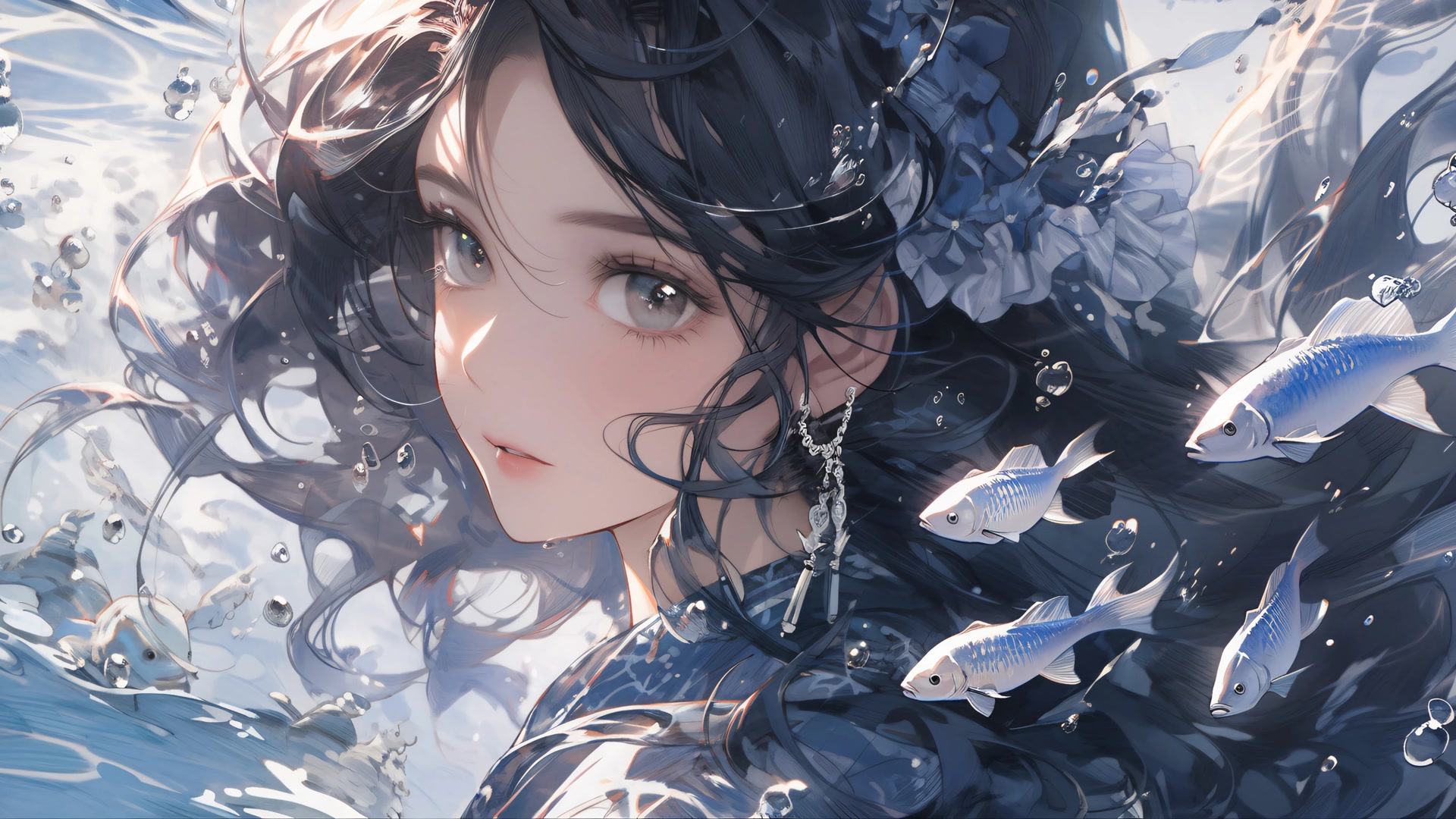 鱼游少女水中