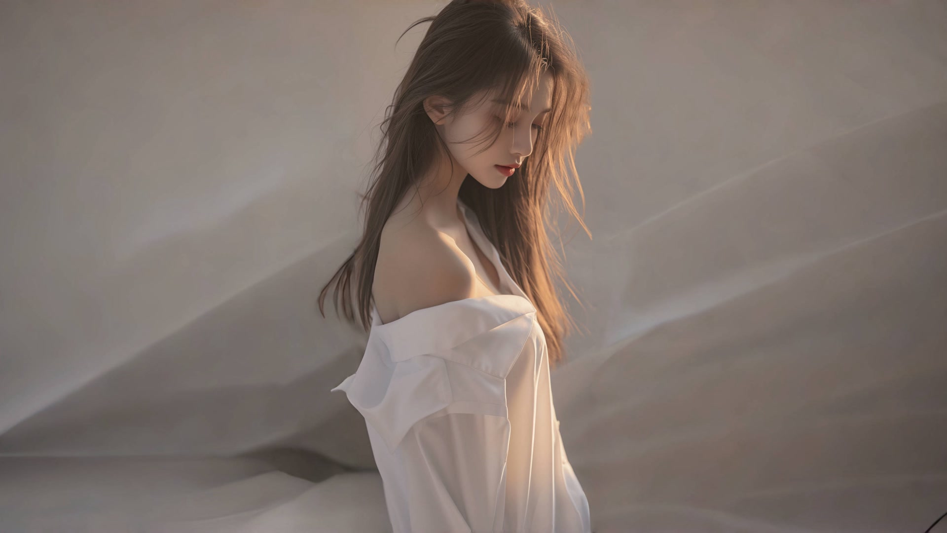低头白衣少女