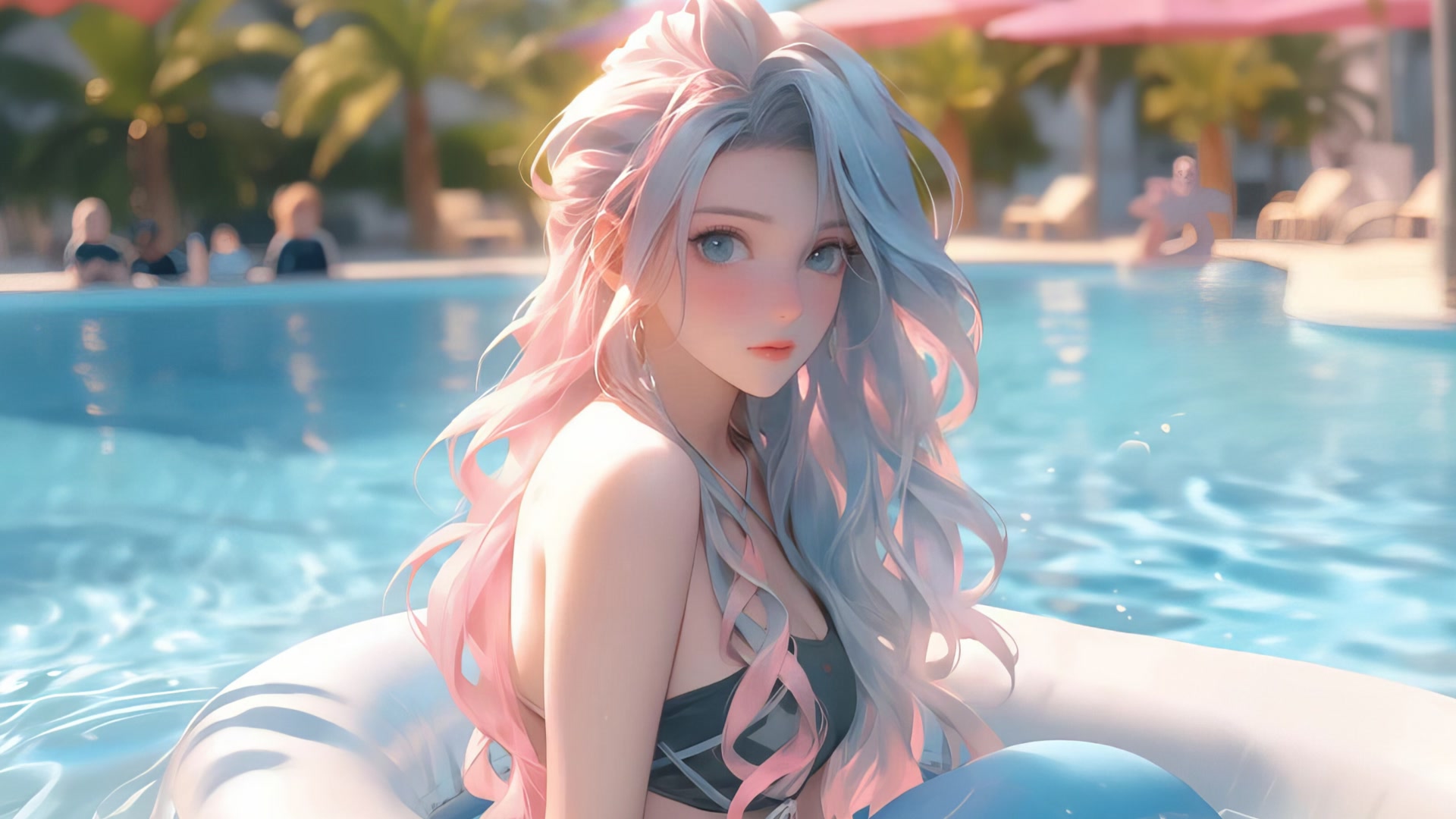 泳池少女凝视