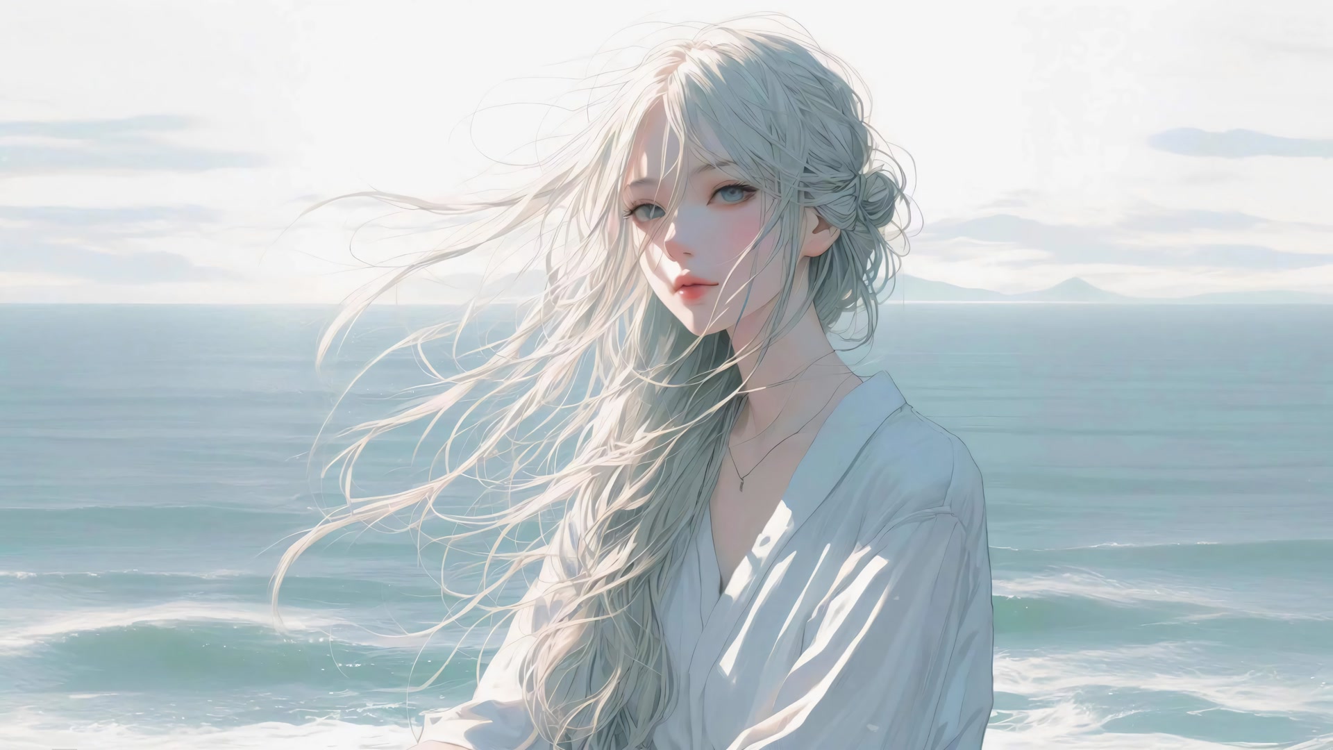 海风轻拂银发少女