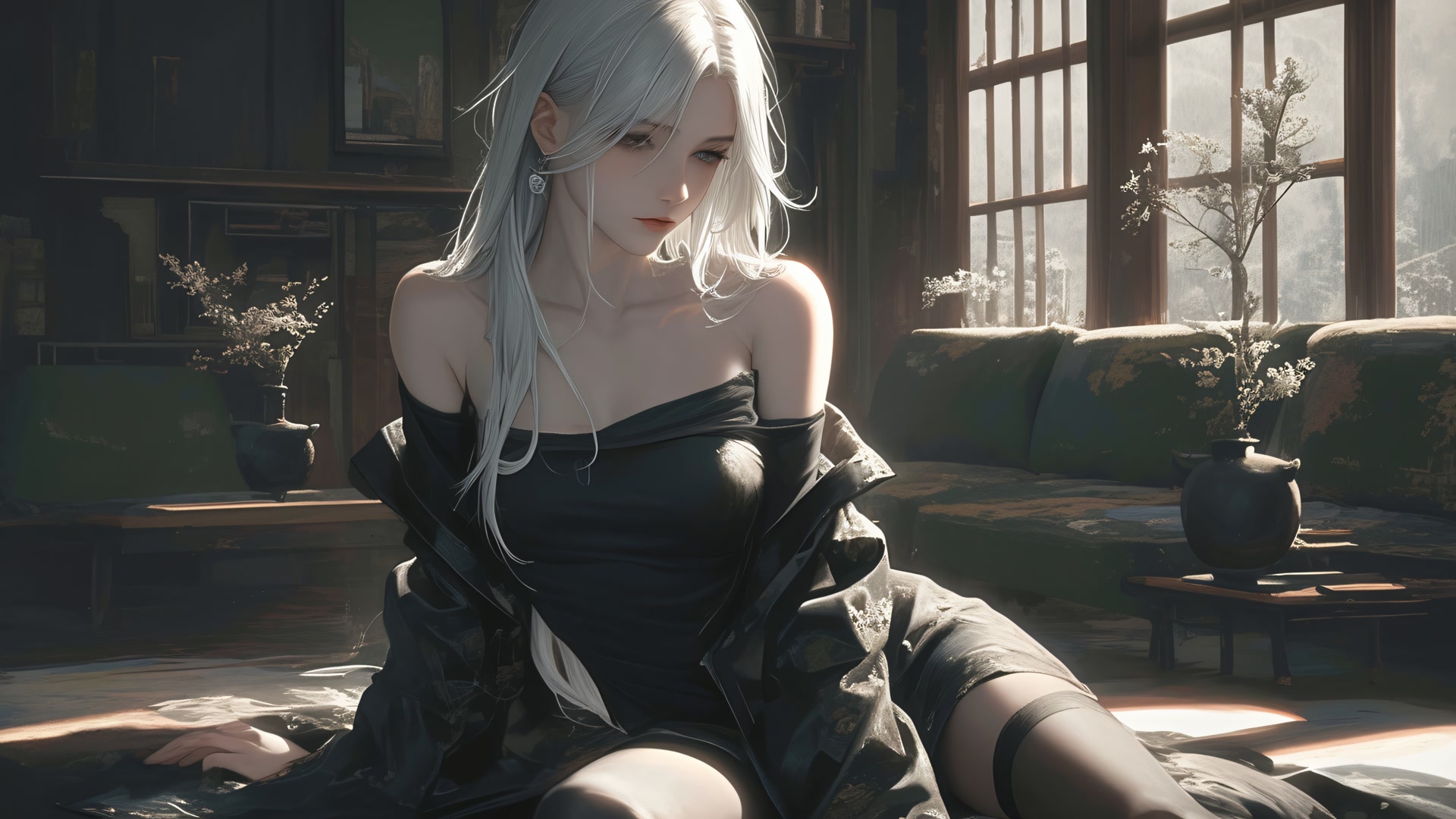 白发少女坐室内