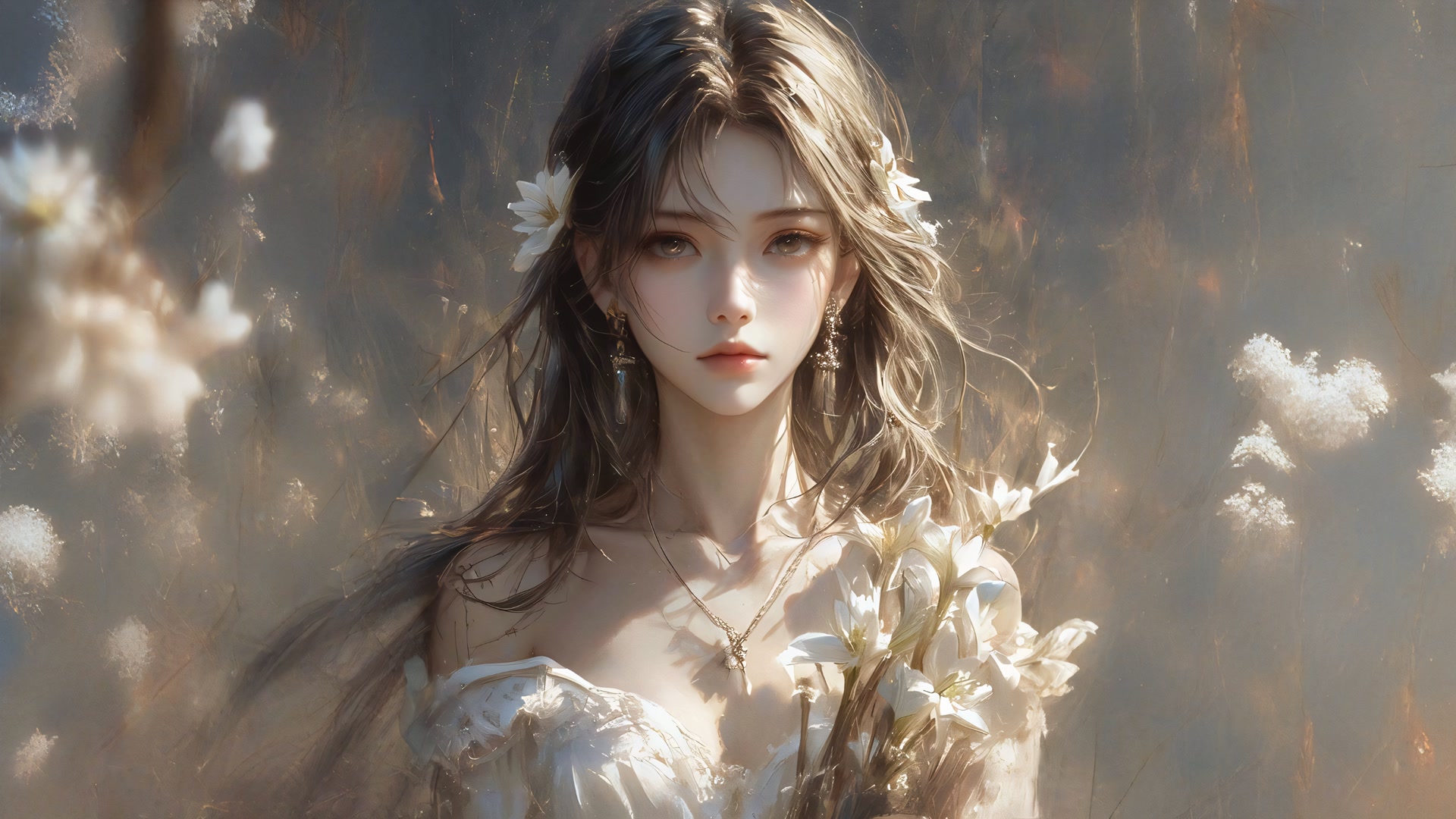 白衣少女持花