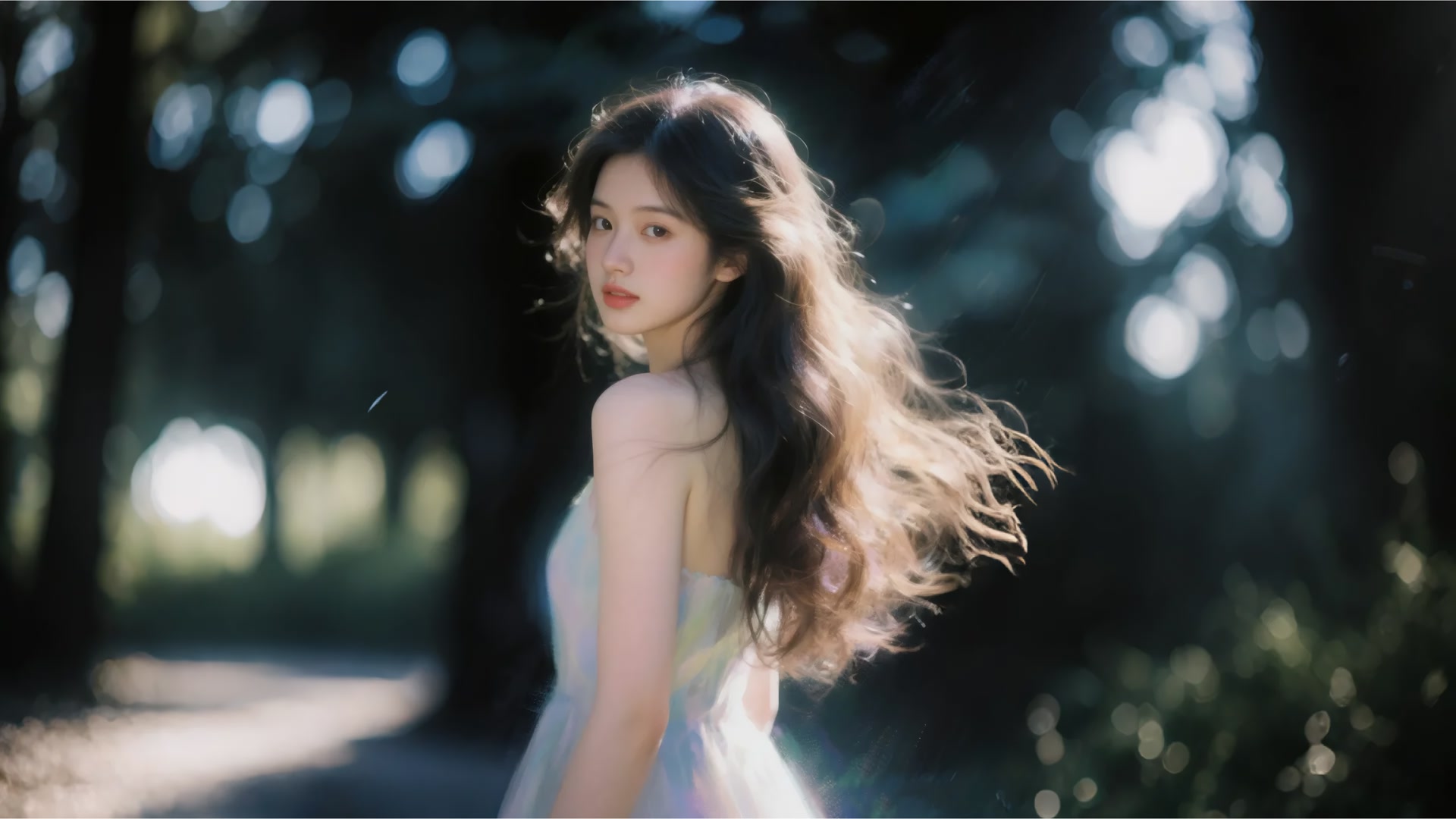 白裙少女林间
