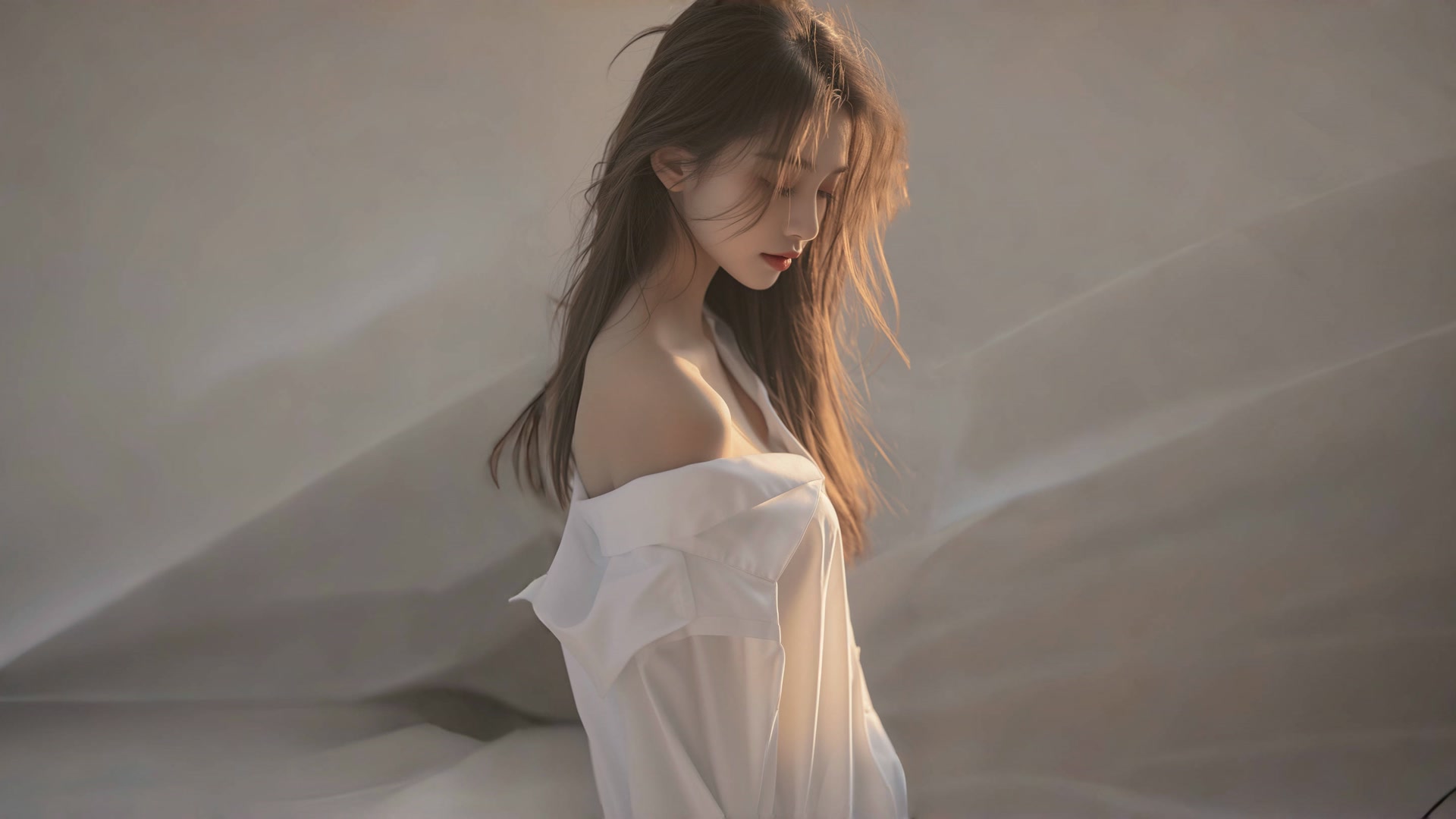 白裙少女闭目