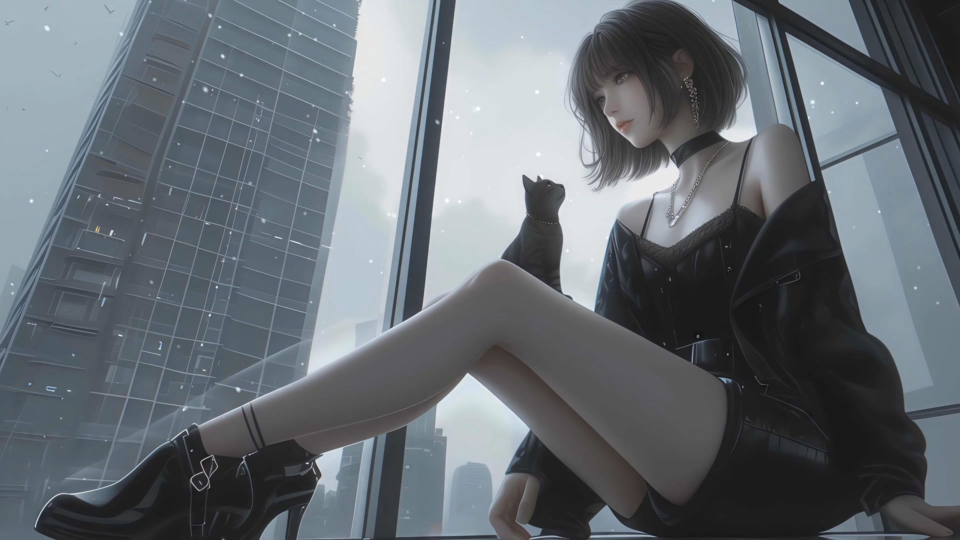 窗边黑衣少女
