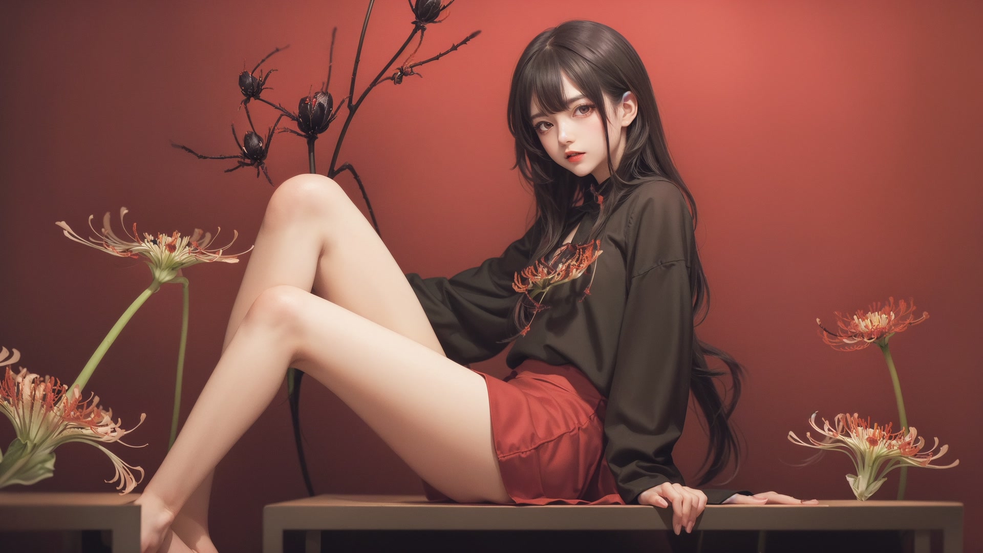 红裙少女坐花旁