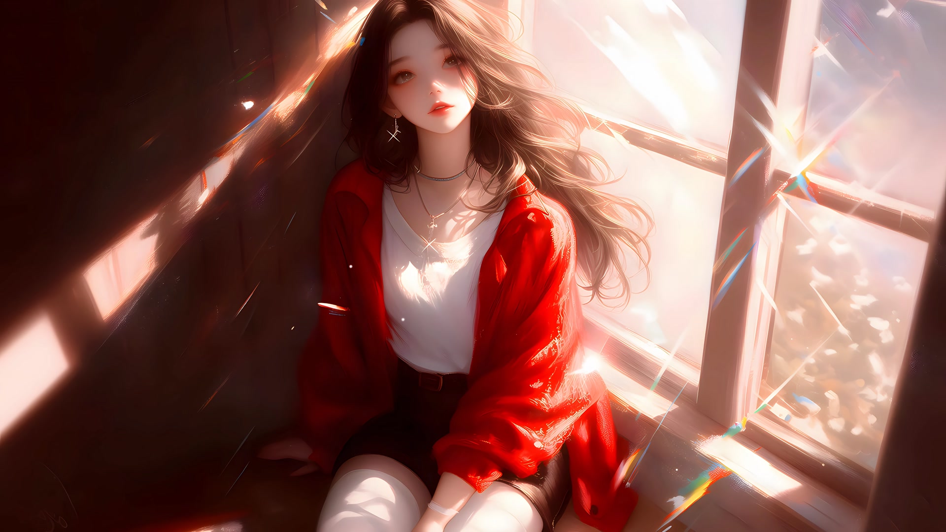 红裙少女窗边坐
