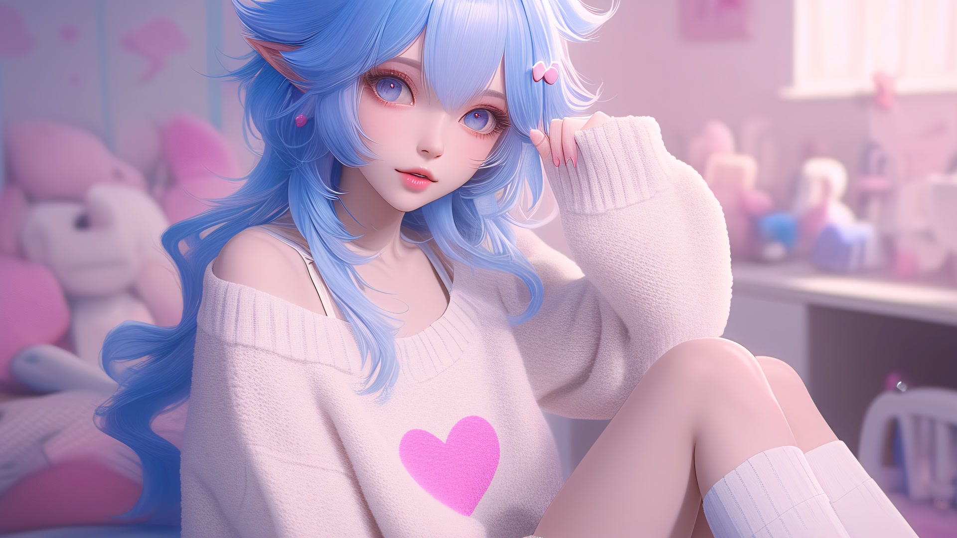 蓝发少女抱玩偶