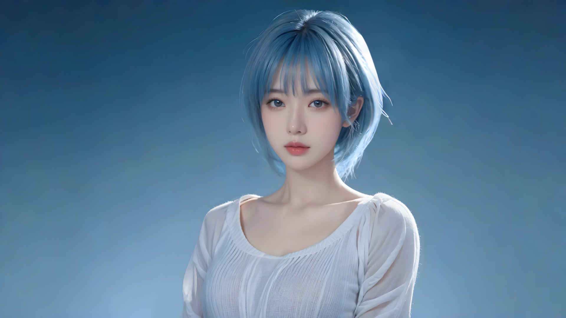 蓝发少女白衫