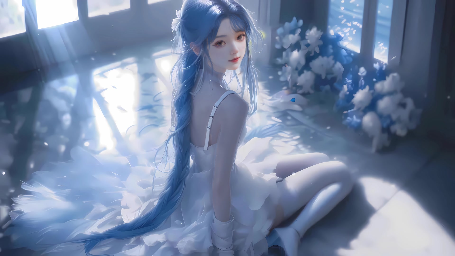 蓝发少女白裙