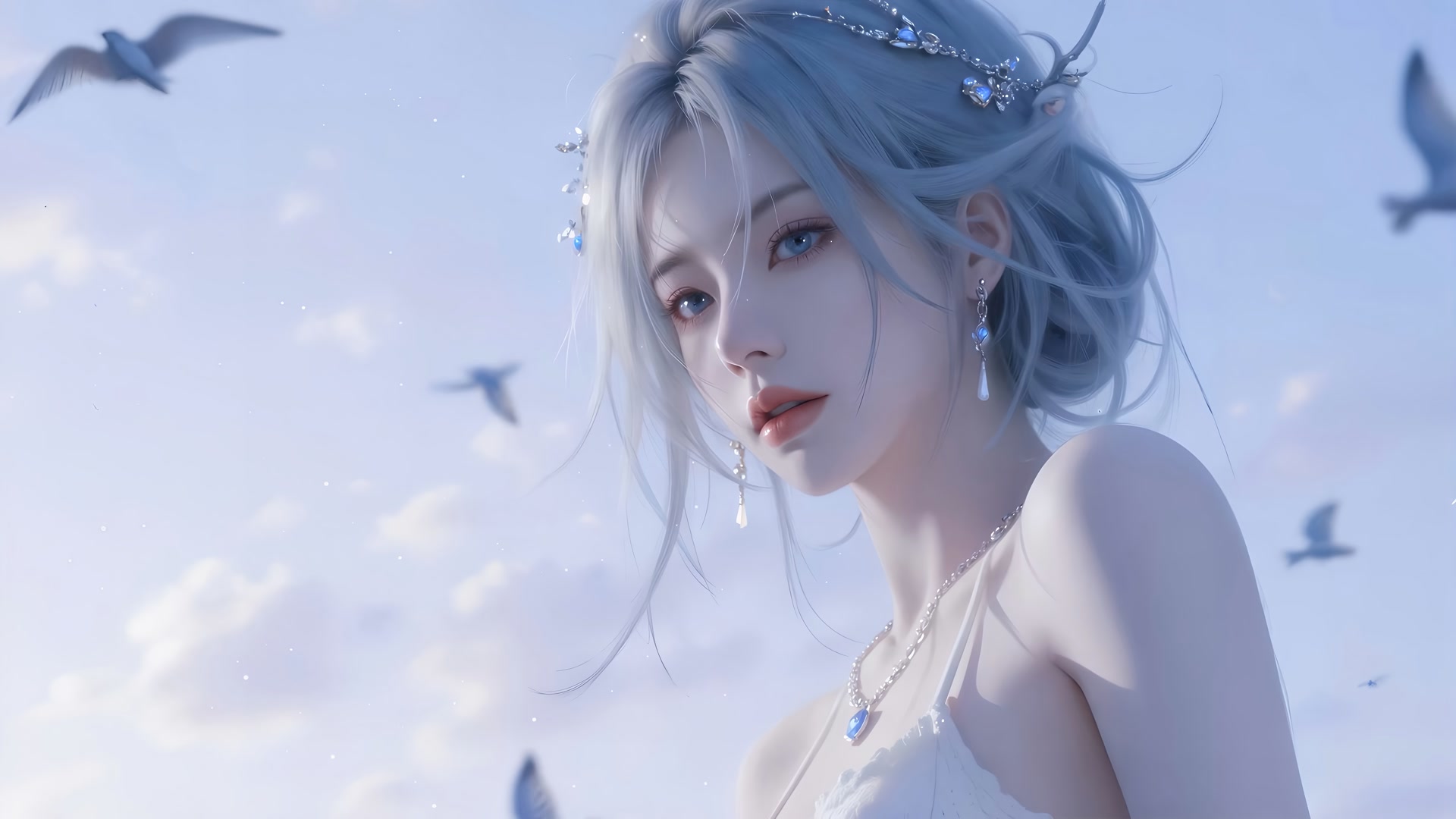蓝发少女看海鸟