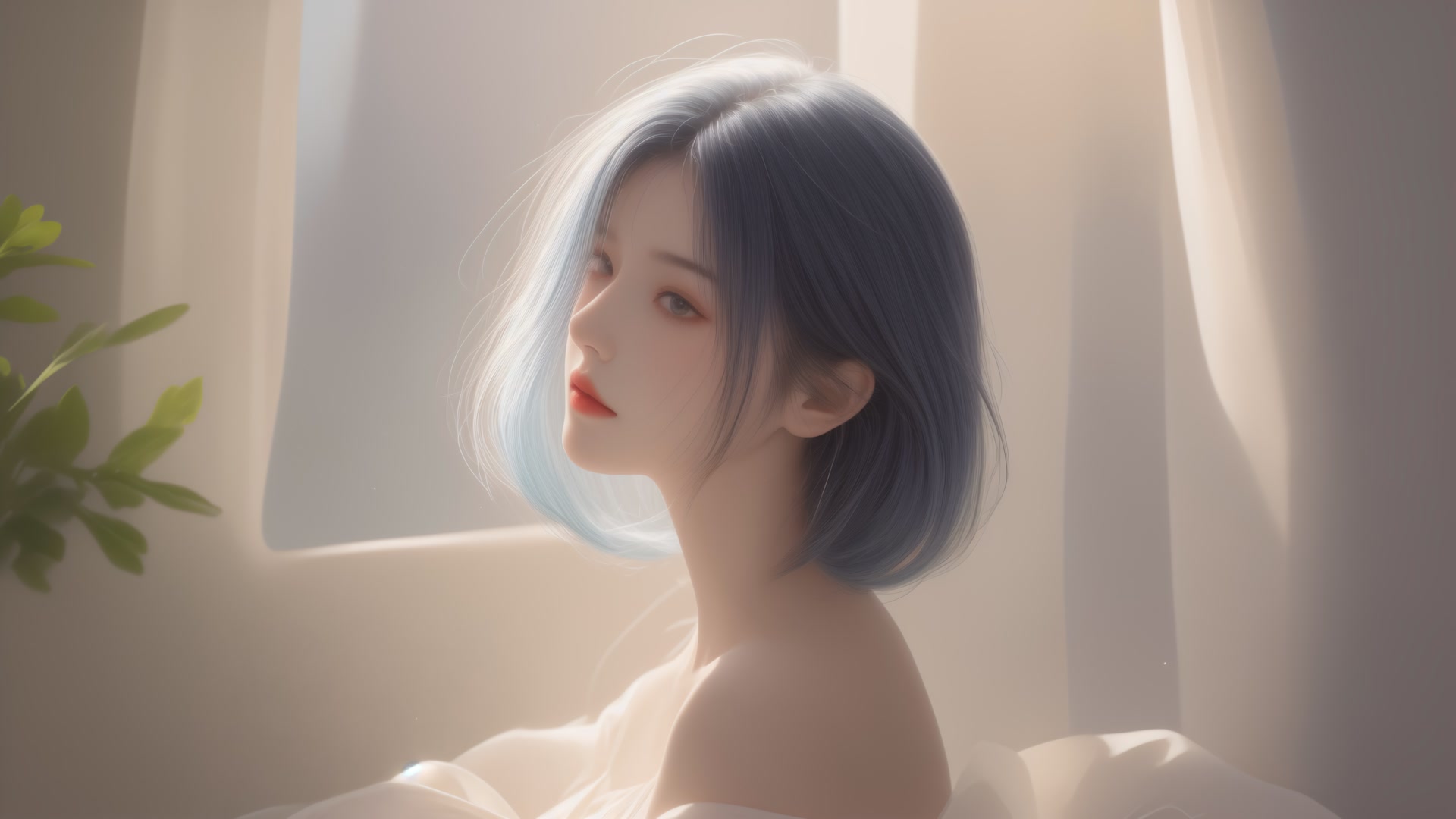 蓝发少女窗边