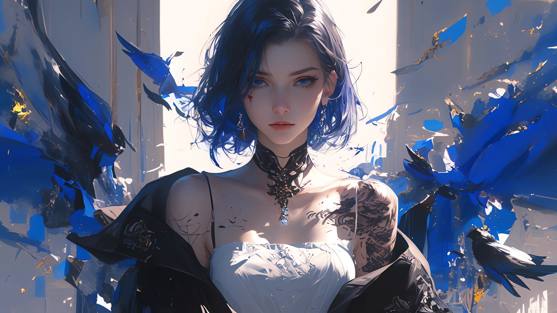 蓝发少女纹身