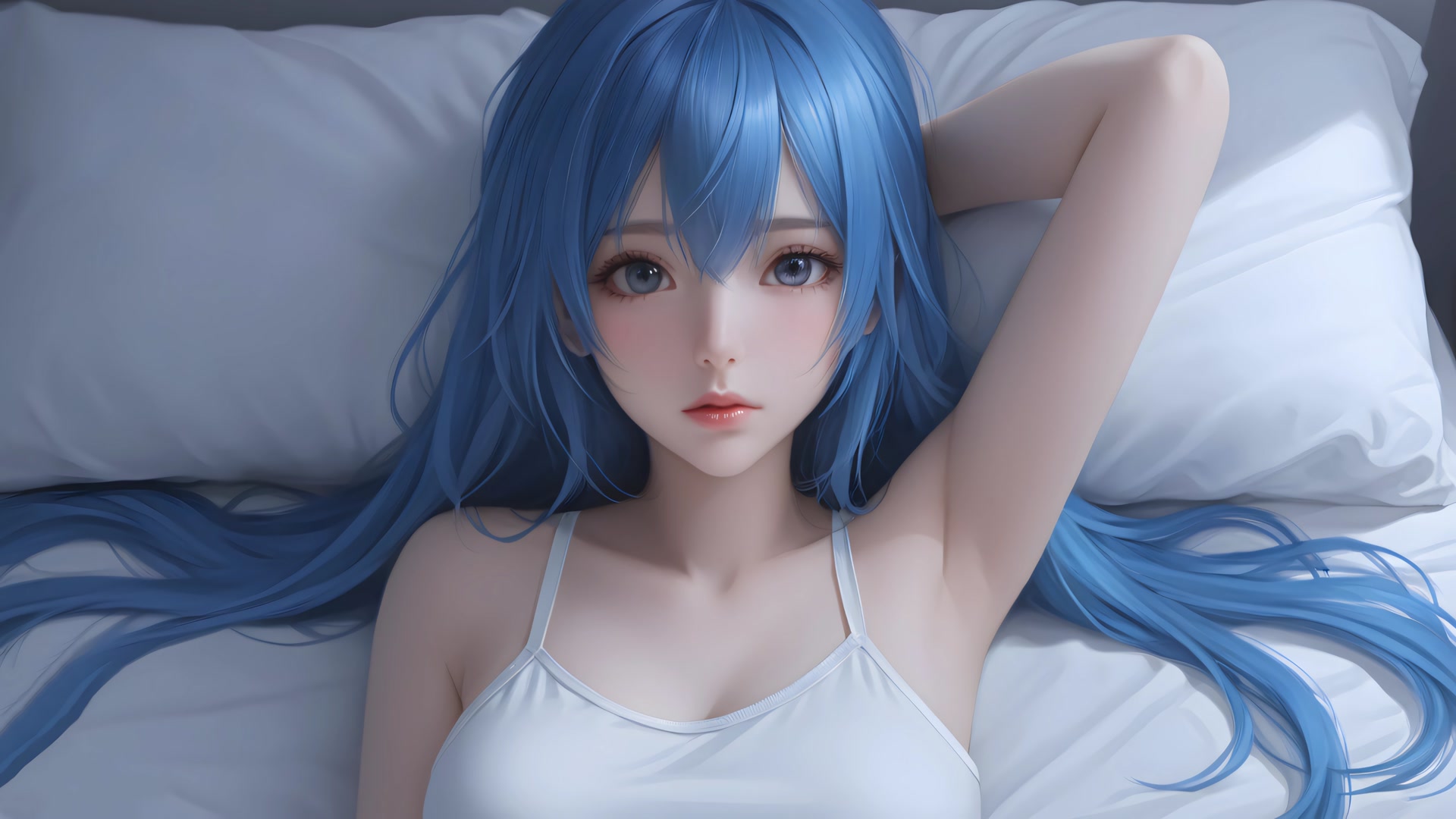 蓝发少女躺卧